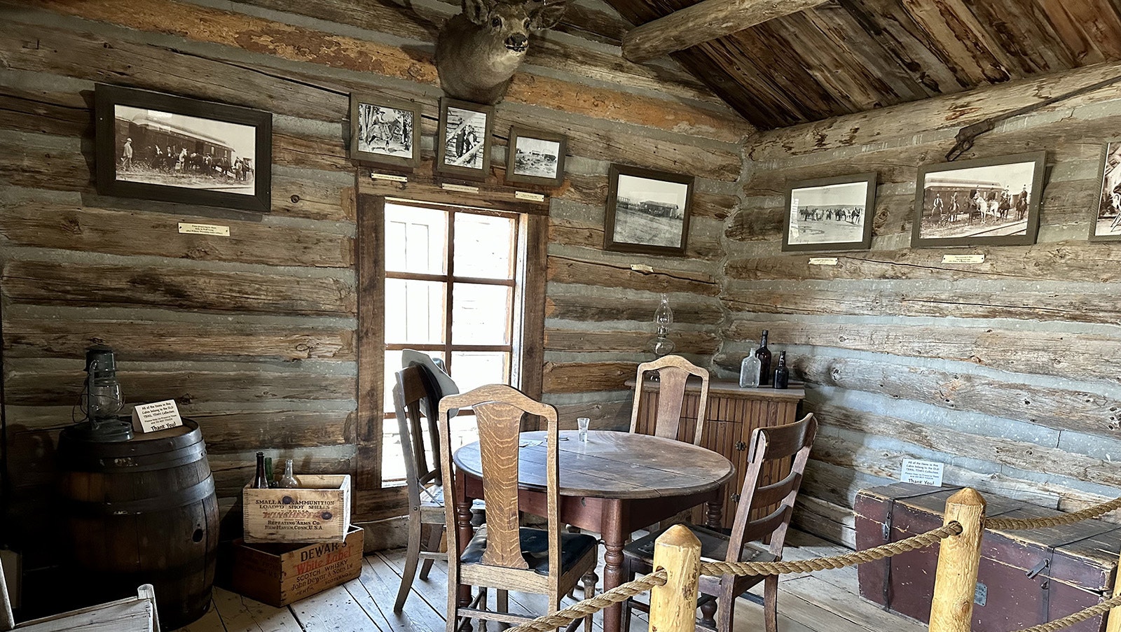 The interior of the Hole in the Wall Cabin at Old Trail Town. This two-room structure was a hangout and base-of-operations for Western outlaws, most famously Butch Cassidy and the Hole in the Wall Gang. It was moved to Cody from Buffalo Creek, Wyoming.