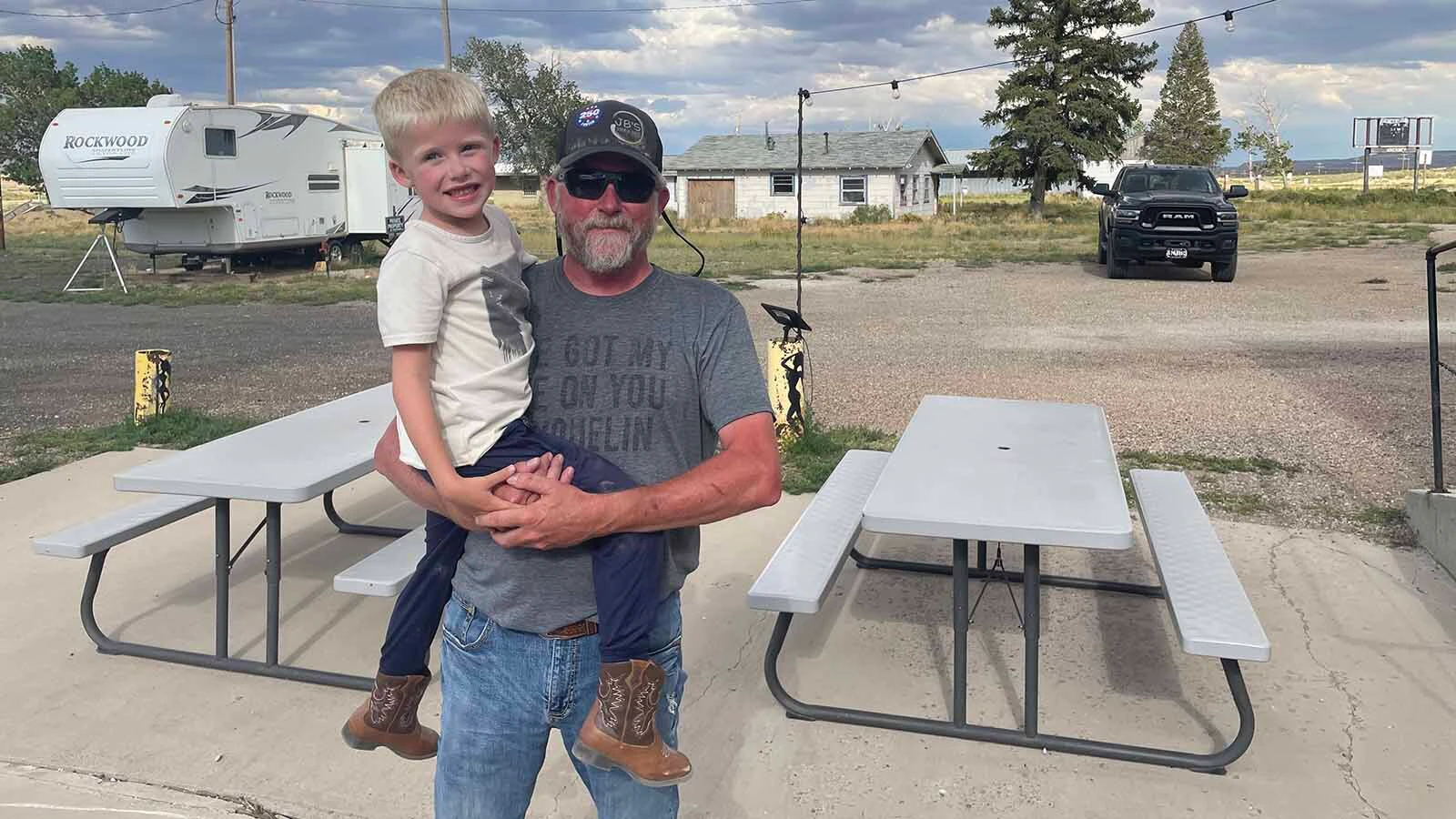 Medicine Bow Mayor Justin George with his son, Silas, both generational residents of the small Wyoming town.