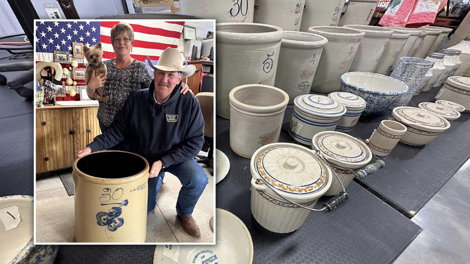 A fourth crock — a near twin to a crock that sold in January for $32,000, will be auctioned off in April by Ken Bramer, pictured here with his wife Sherry and their pooch Abby.