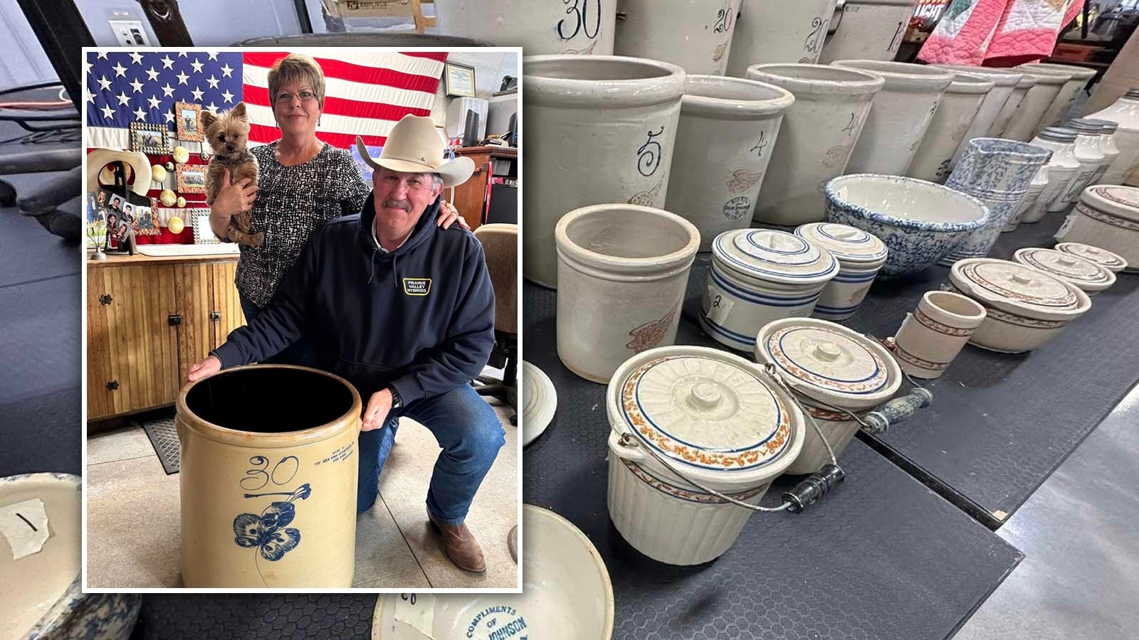 A fourth crock — a near twin to a crock that sold in January for $32,000, will be auctioned off in April by Ken Bramer, pictured here with his wife Sherry and their pooch Abby.