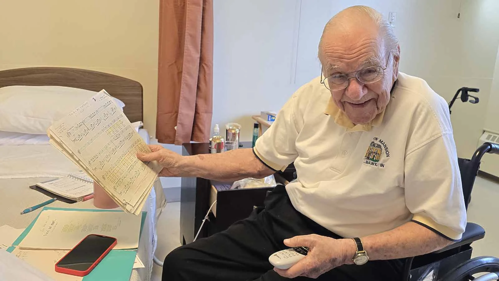 Rick French practicing all the songs he plans to sing for his fellow residents at Granite Rehabilitation and Wellness. He is 95.