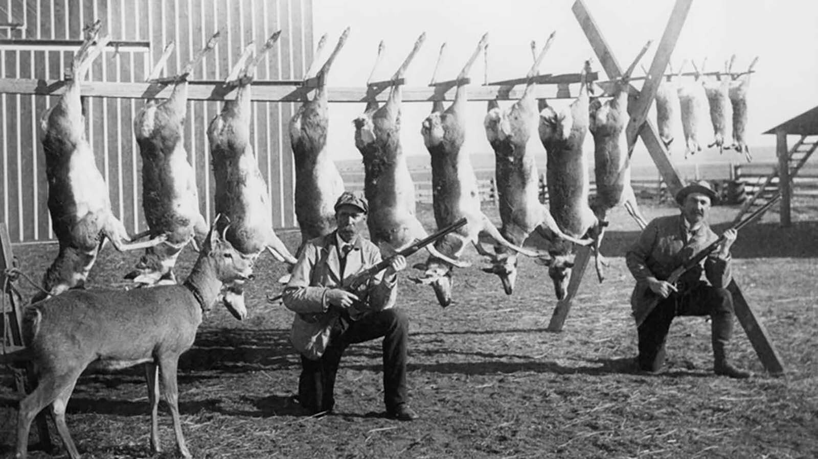 A pair of hunters pose with their kills after a hunt around 1900 in this historic photo. They also have a pet deer.