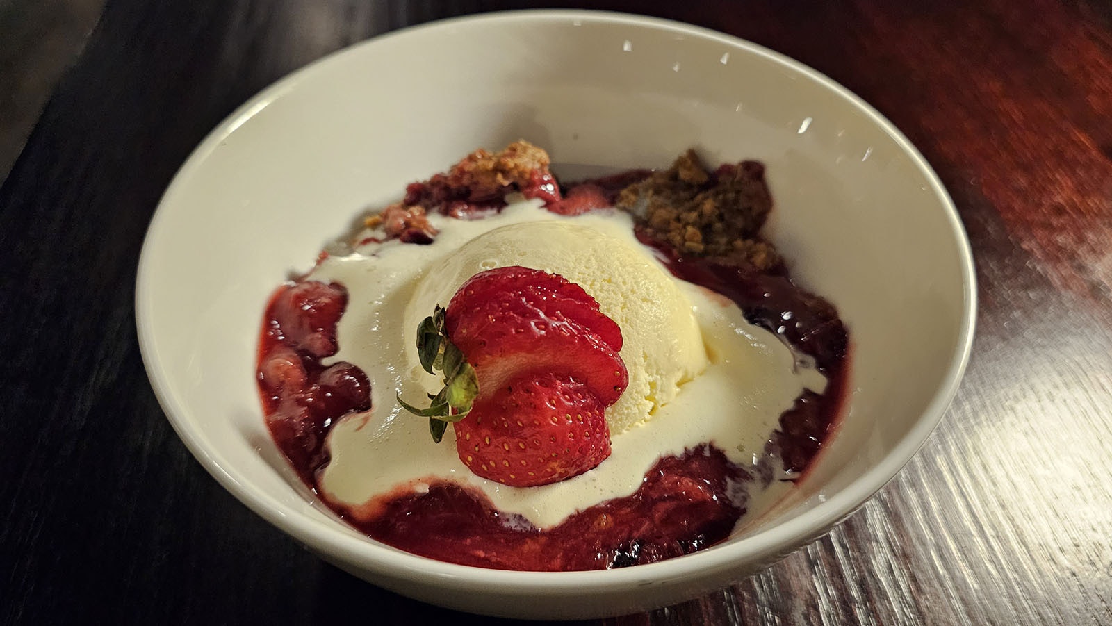 One of the desserts at Open Range, a delicious berry crumble with ice cream and strawberries on top. Perfect ending to a great meal.