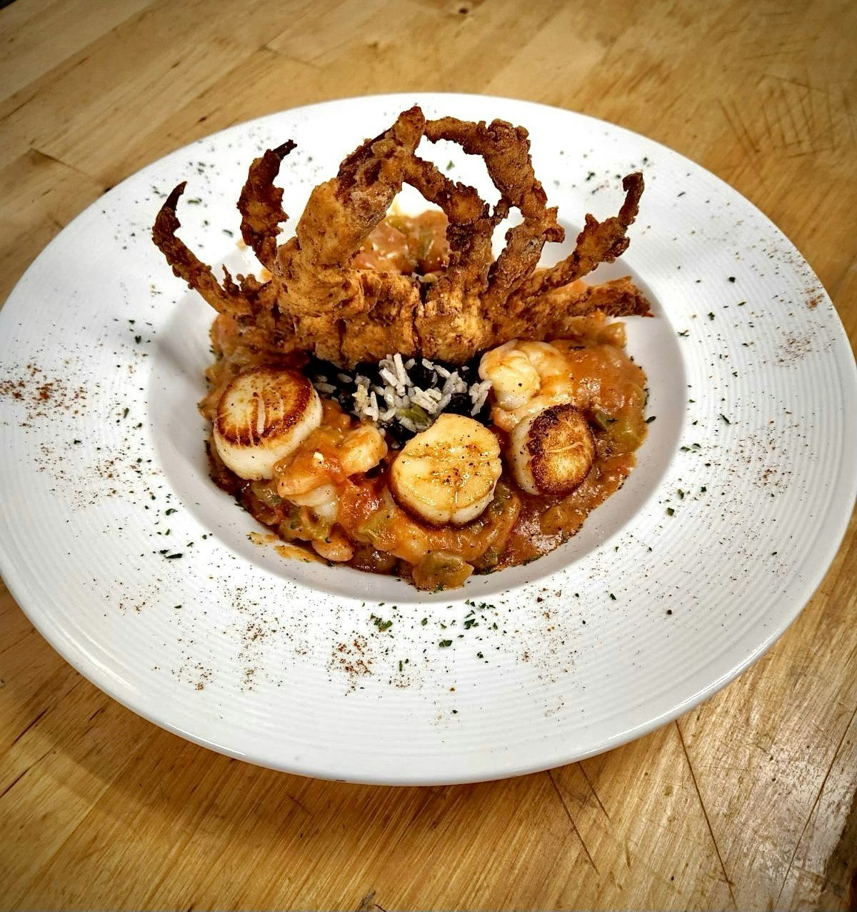 Shrimp etouffee with crispy fried softshell crab.