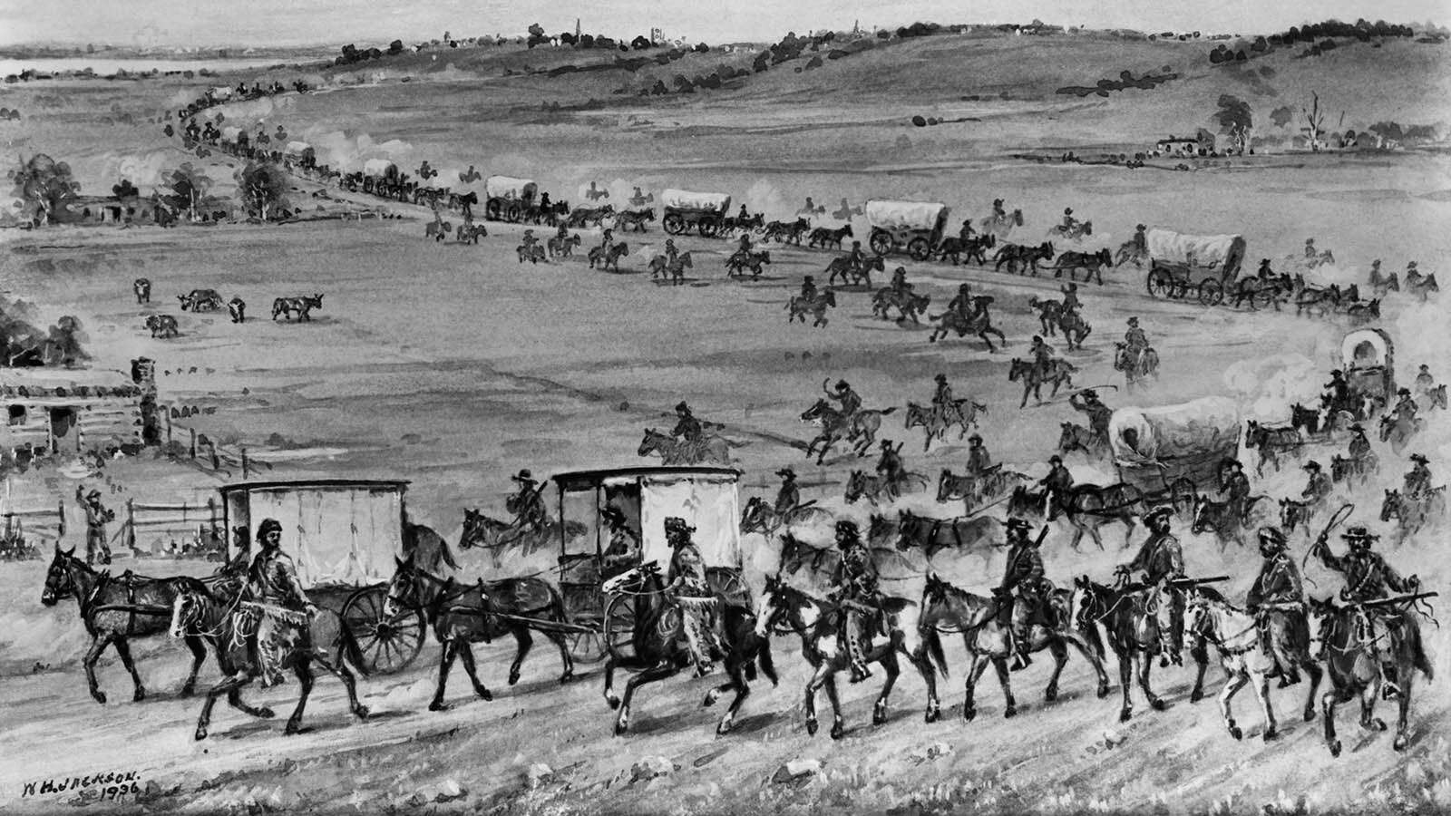 The first covered wagon caravan on the Oregon Trail led by Smith-Jackson-Sublette, consisting of 10 wagons drawn by five mules each, heading for the Wind River valley near the present Lander, Wyoming.