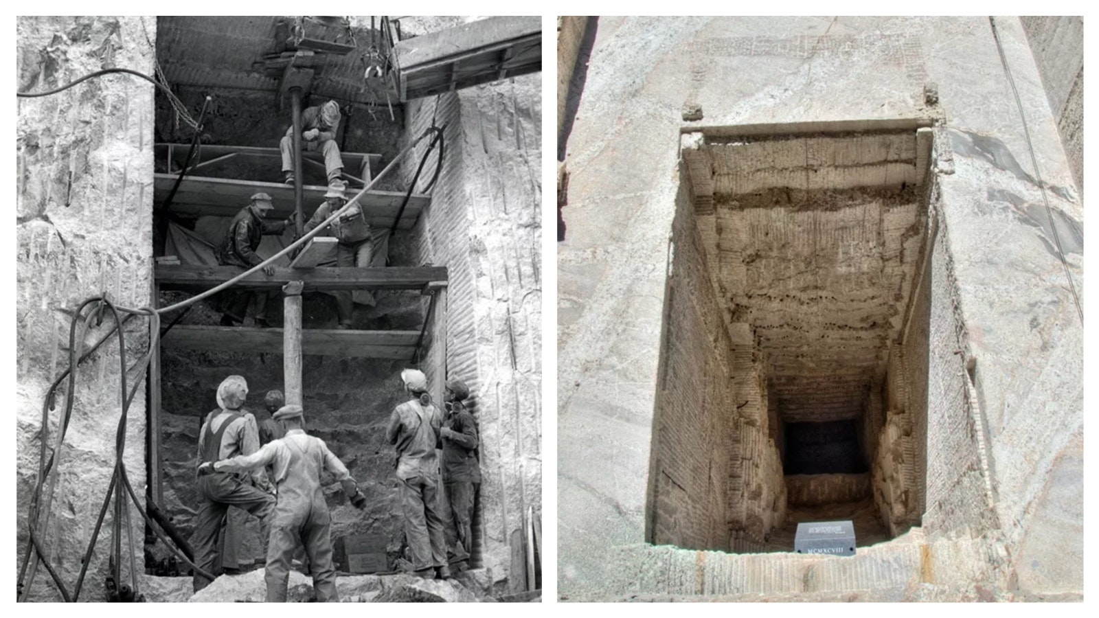 Left, workers in the early stages of constructing the Hall of Records. Right, the unfinished Hall of Records with the granite capstone covering the vault at the bottom of the photo.