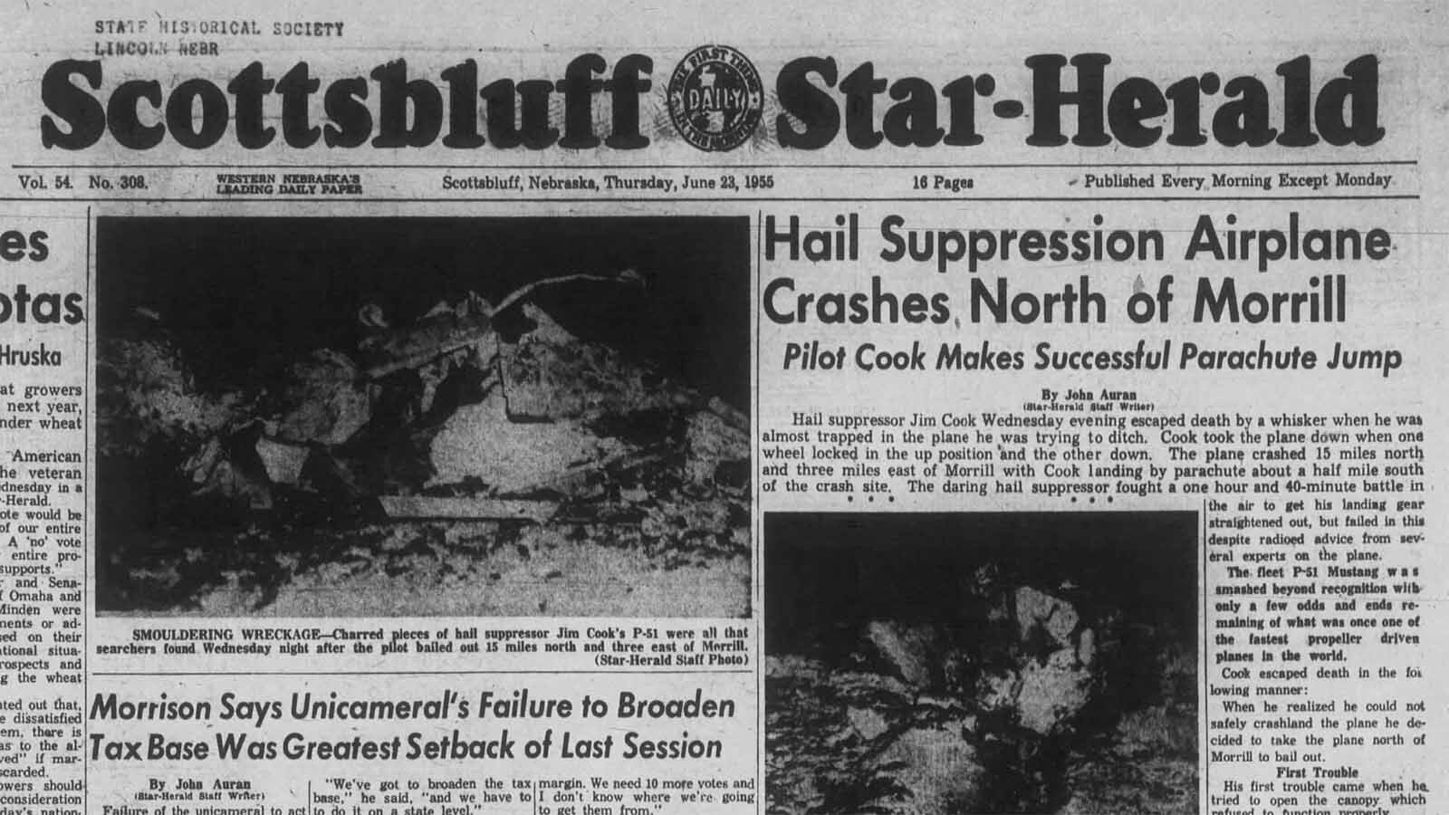 The Scottsbluff Star- Herald in its June 23, 1955, edition made the P-51 crash its lead story.