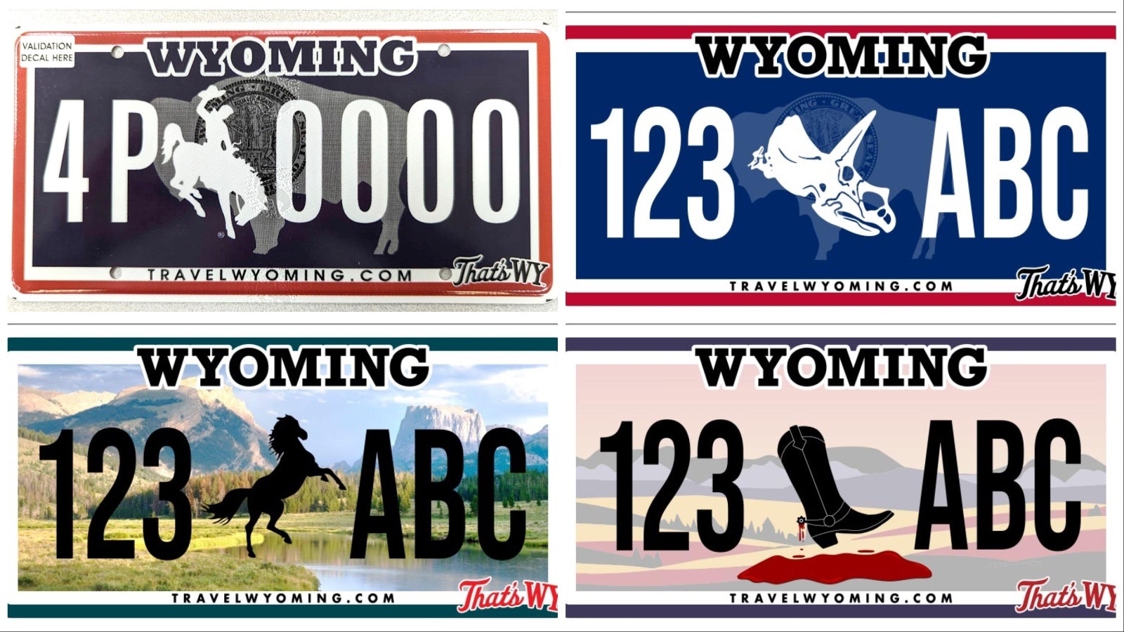 Wyoming's current license plate, top left, with three alternatives PETA suggested in 2024.