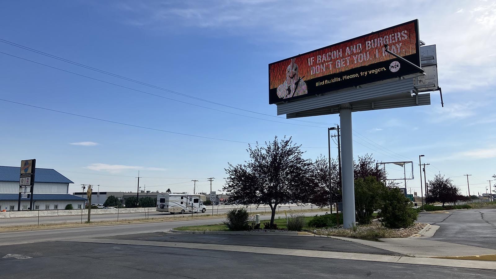 This billboard put up by PETA in Casper, Wyoming, features an angry chicken threatening to possibly shoot people if they don't stop eating meat.