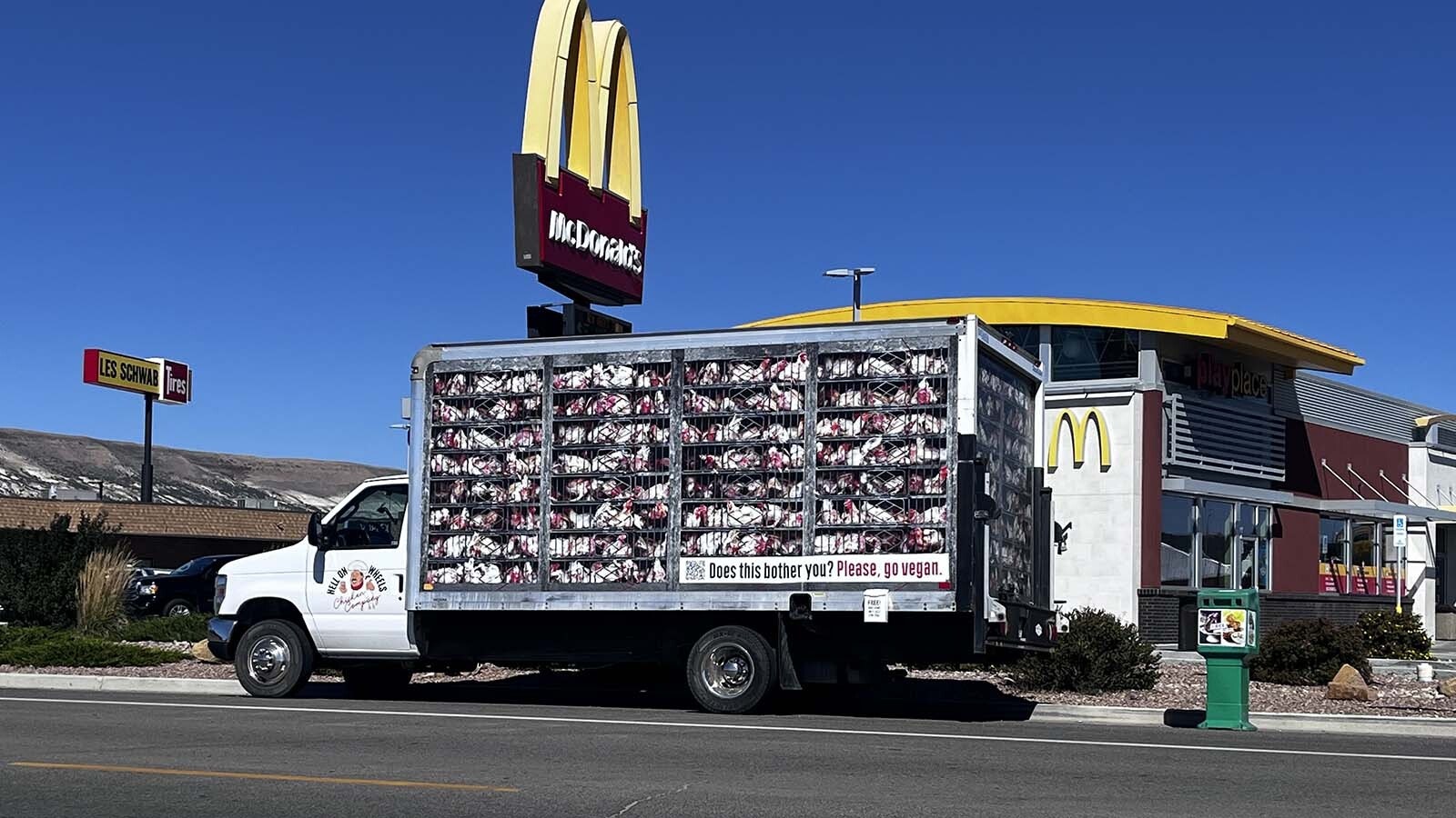 PETA parked its Hell on Wheels truck wrapped in images of chickens kept in tiny cages to protest eating meat and promote veganism in front of a Rock Springs, Wyoming, McDonald's on Thursday, Sept. 26, 2024. It didn't seem to deter anyone from getting and eating their burgers and Chicken McNuggets.