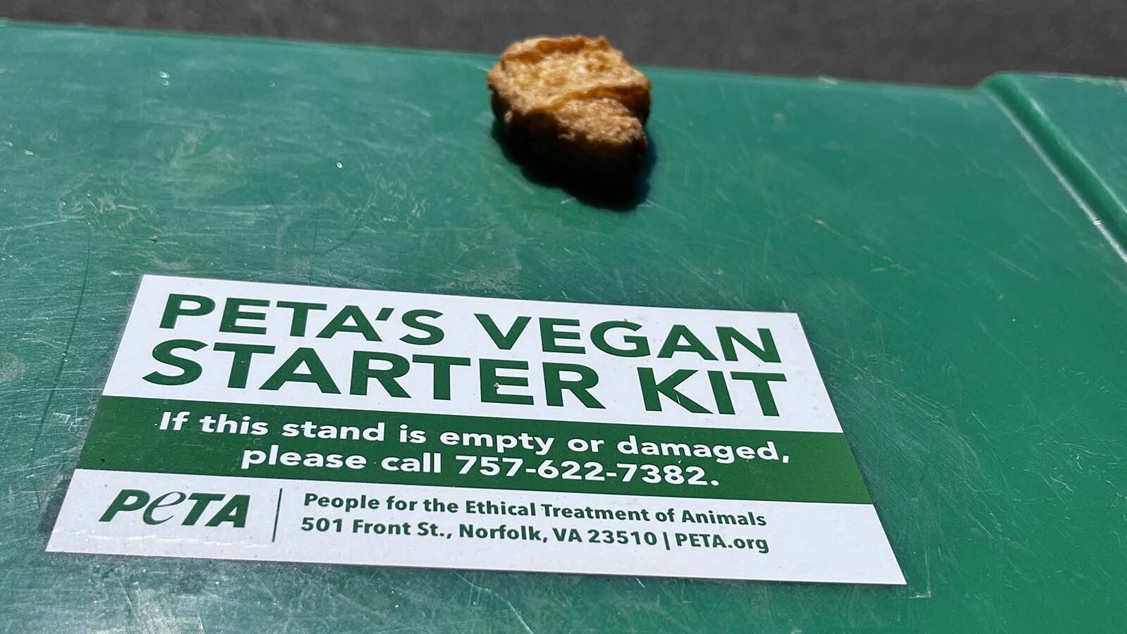 Part of PETA's meat-eating protest at a Rock Springs McDonald's included giving out "vegan starter kits," but someone also decided to include some Chicken McNuggets.