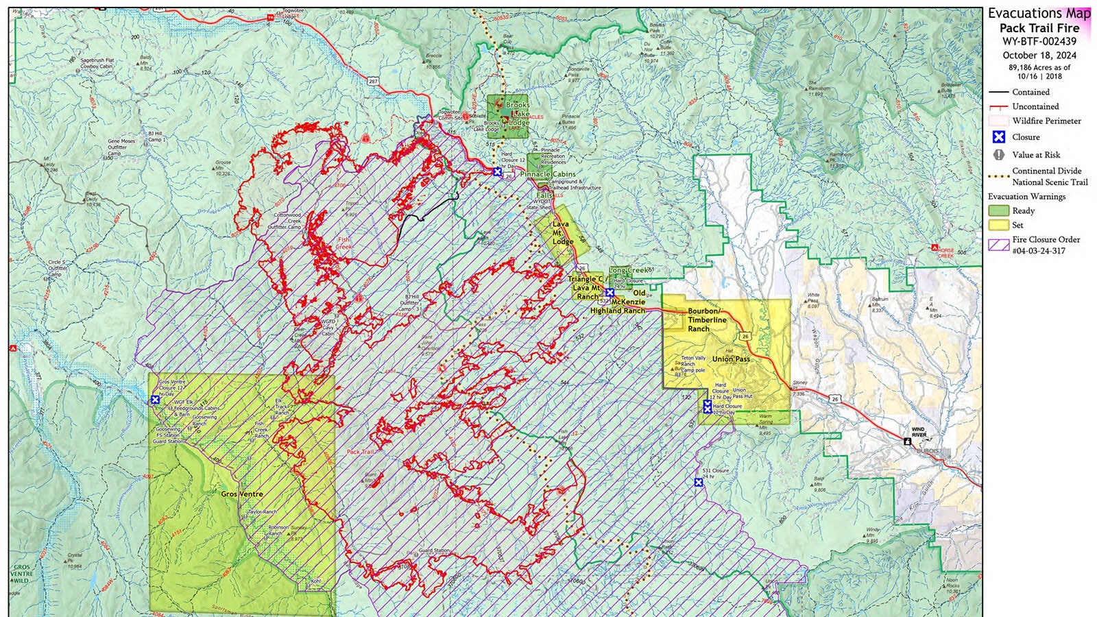 Pack Trail Fire evacuation map as of Saturday, Oct. 19, 2024.