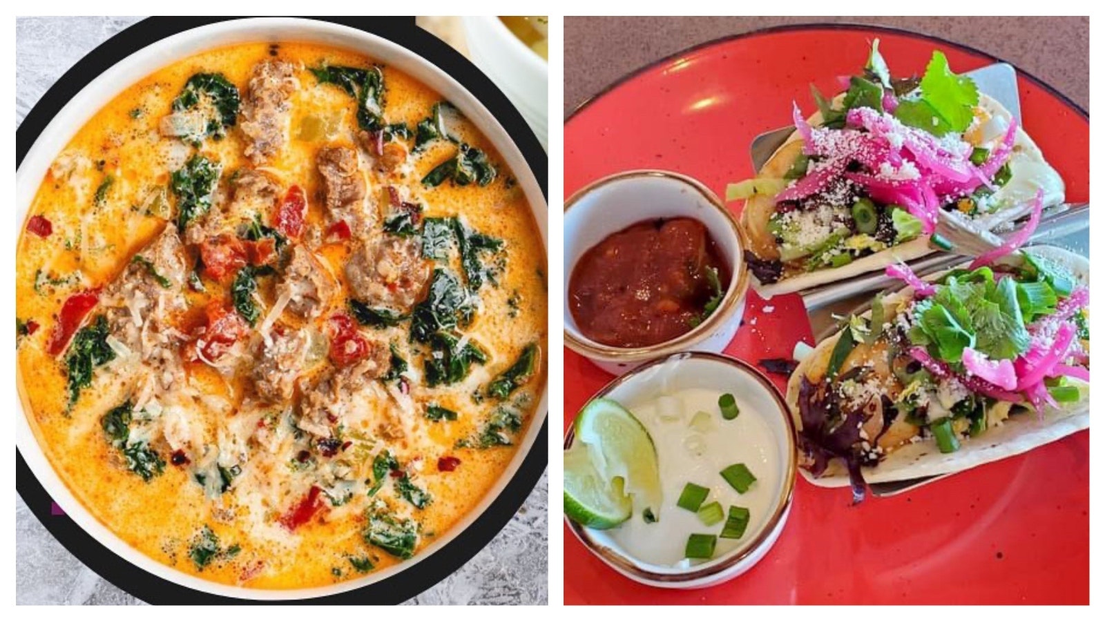 The Tuscan soup, left, which was one of the cafe's first offerings, is still one of its most popular options. Right, a variety of rotating taco options.