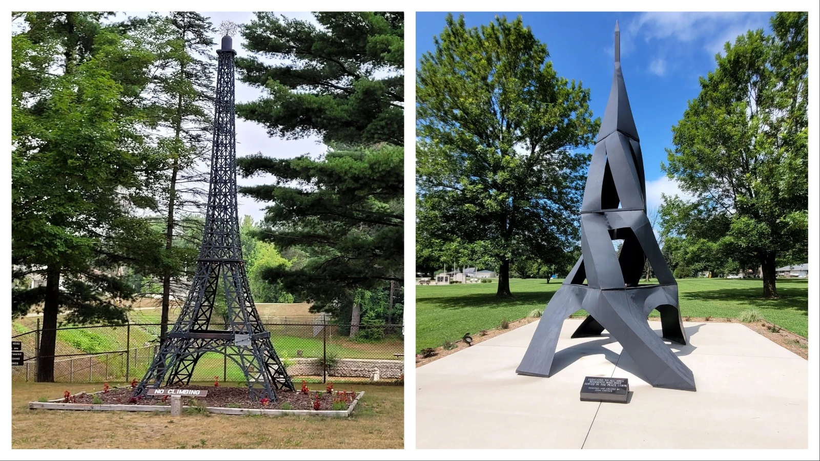 Left, Paris, Michigan, was the fourth Paris visited by Casper couple Marvin and Ann Robinson as they attempt to visit every town in the United States named Paris. Right, a funky Eifel Tower in Paris, Illinois.