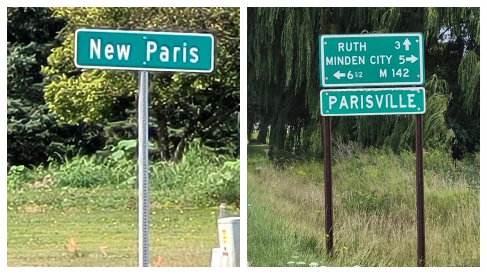 Left, New Paris, Indiana. Right, coming into Parisville, Michigan.