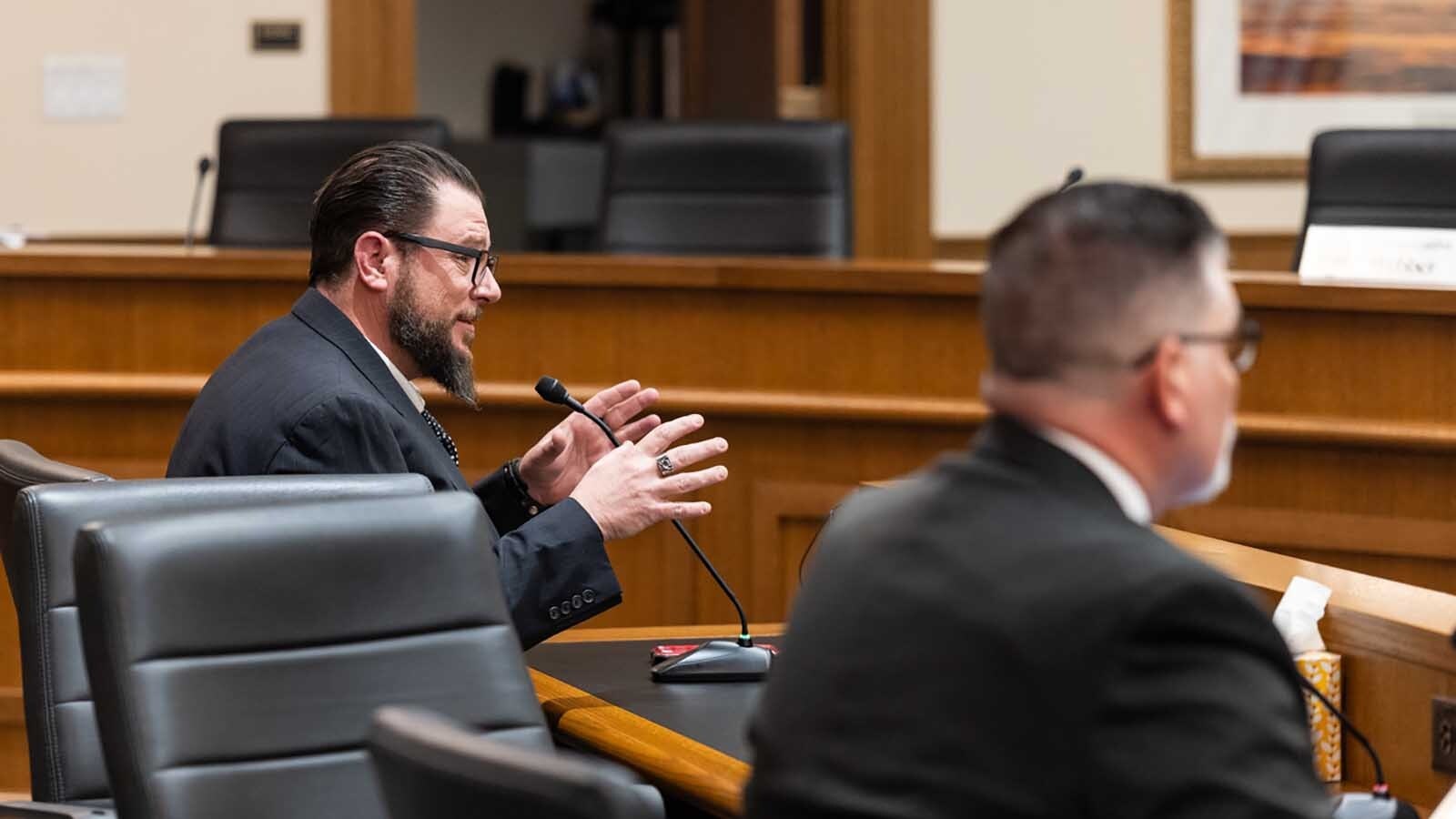 Joey Corenti of Rural Wyoming Matters testifies for the House Corporations, Elections and Political Subdivisions Committee on making school board elections partisan.