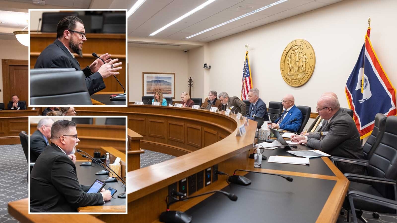 Joey Corenti of Rural Wyoming Matters, above, and Wyoming School Boards Association Executive Director Brian Farmer, below, testify for the House Corporations, Elections and Political Subdivisions Committee on making school board elections partisan.