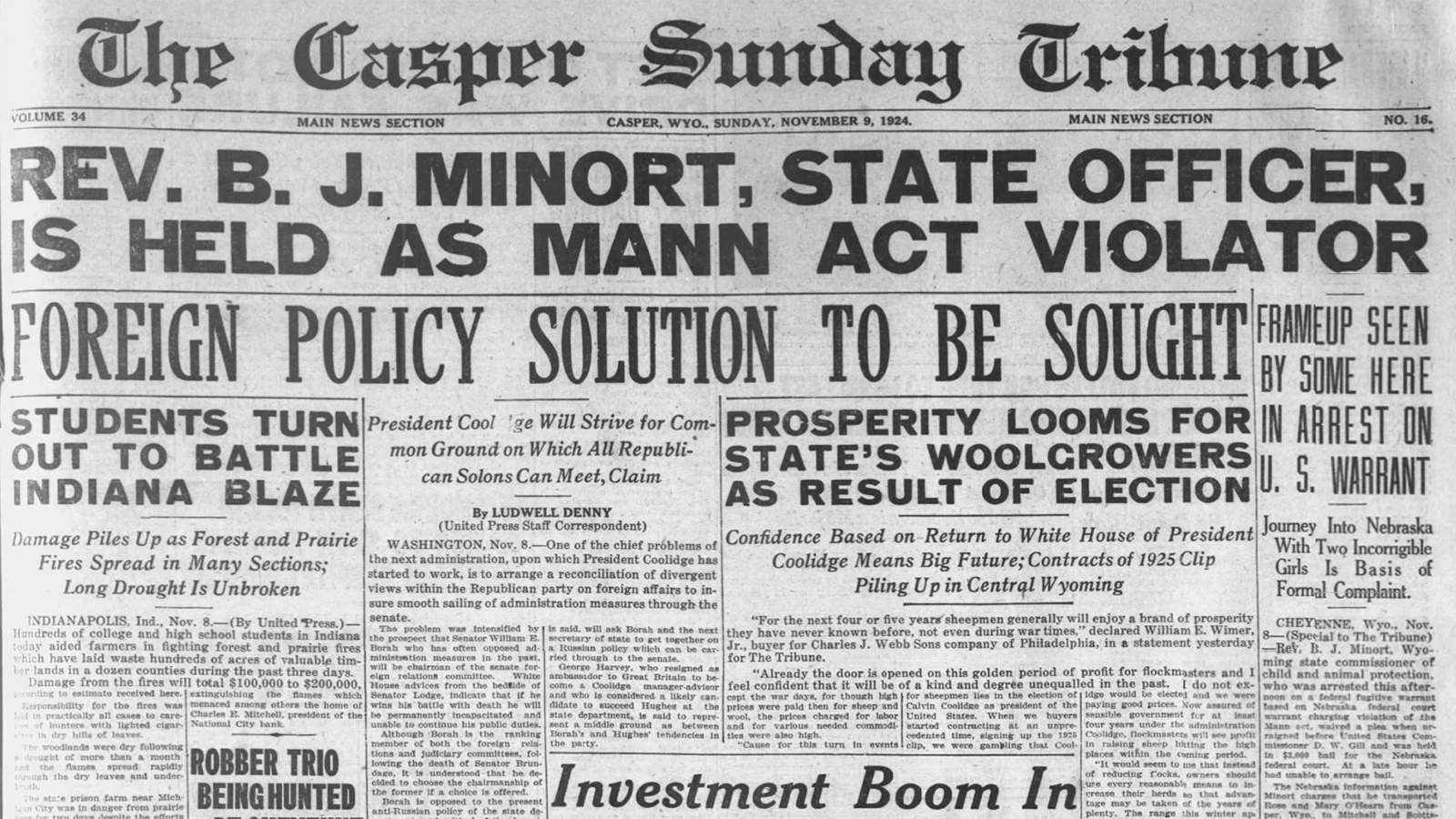 The Casper Sunday Tribune on Nov. 9, 1924, reported on Rev. Baptiste John Minort’s federal charges accusing him of violating the Mann Act.