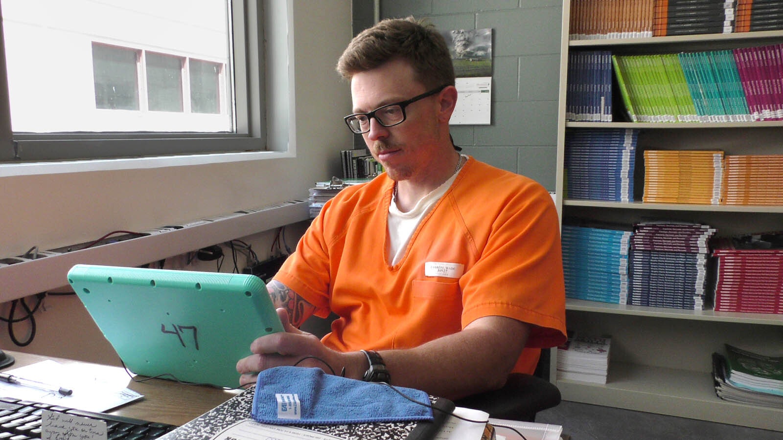 Wade Farrow, 36, is one of 20 male inmates at the Wyoming Medium Correctional Institution earning a bachelor’s degree through the University of Wyoming’s Pathways from Prison program.