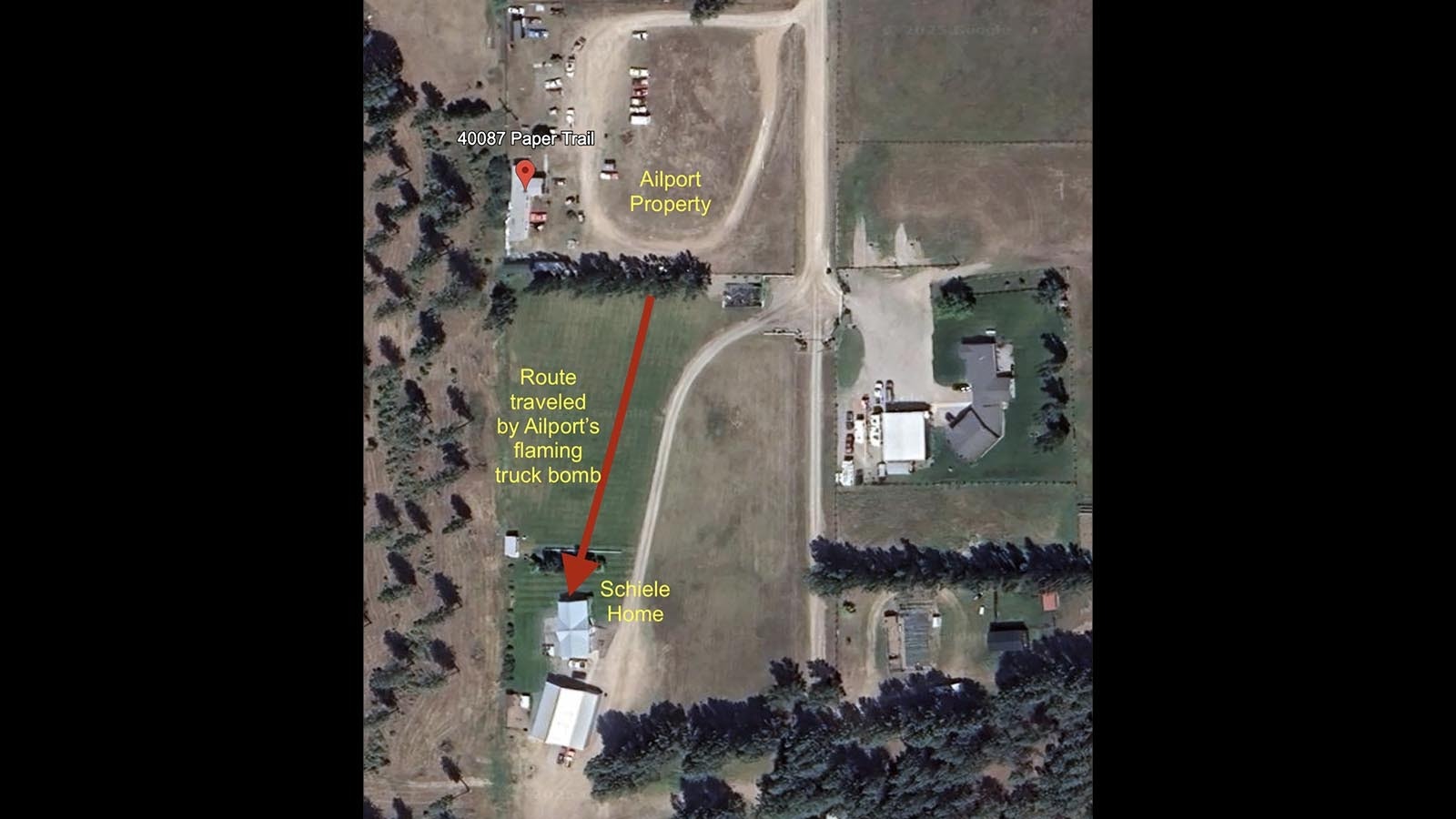 A satellite view of the route Paul Ailport followed when he loaded his truck with propane, gasoline, fireworks and a steel beam turned harpoon, then crashed into his neighbor’s home.