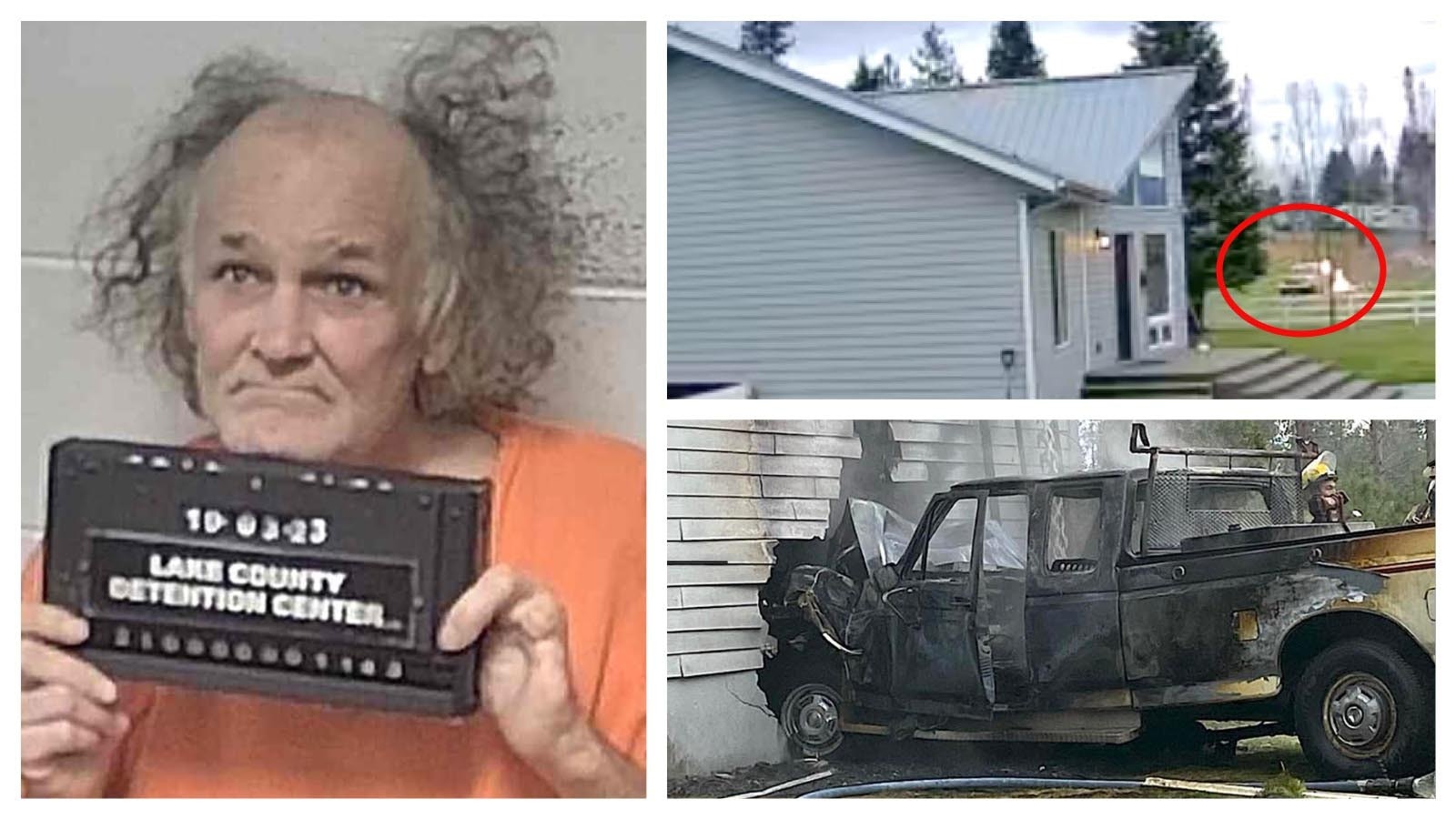 Paul Ailport, left, was sentenced Feb. 13, 2025, to 110 year in prison for attempted murder of his neighbor. Top right, a screengrab from home security video captures Ailport’s pickup on fire and speeding toward his neighbor’s home. Bottom right, the aftermath of Paul Ailport’s fiery truck assault on his neighbor’s home.