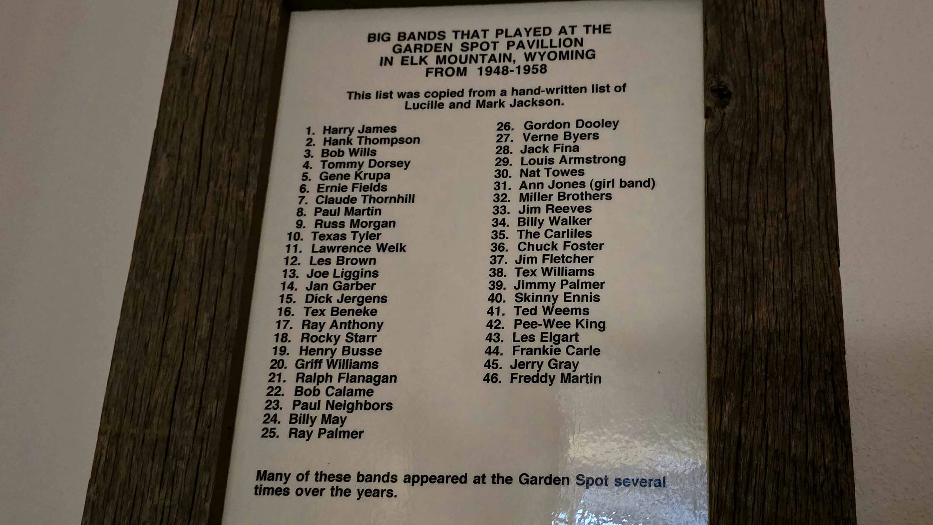 A list of musicians who once made Elk Mountain a regular stop on their travels between Salt Lake City and Denver.