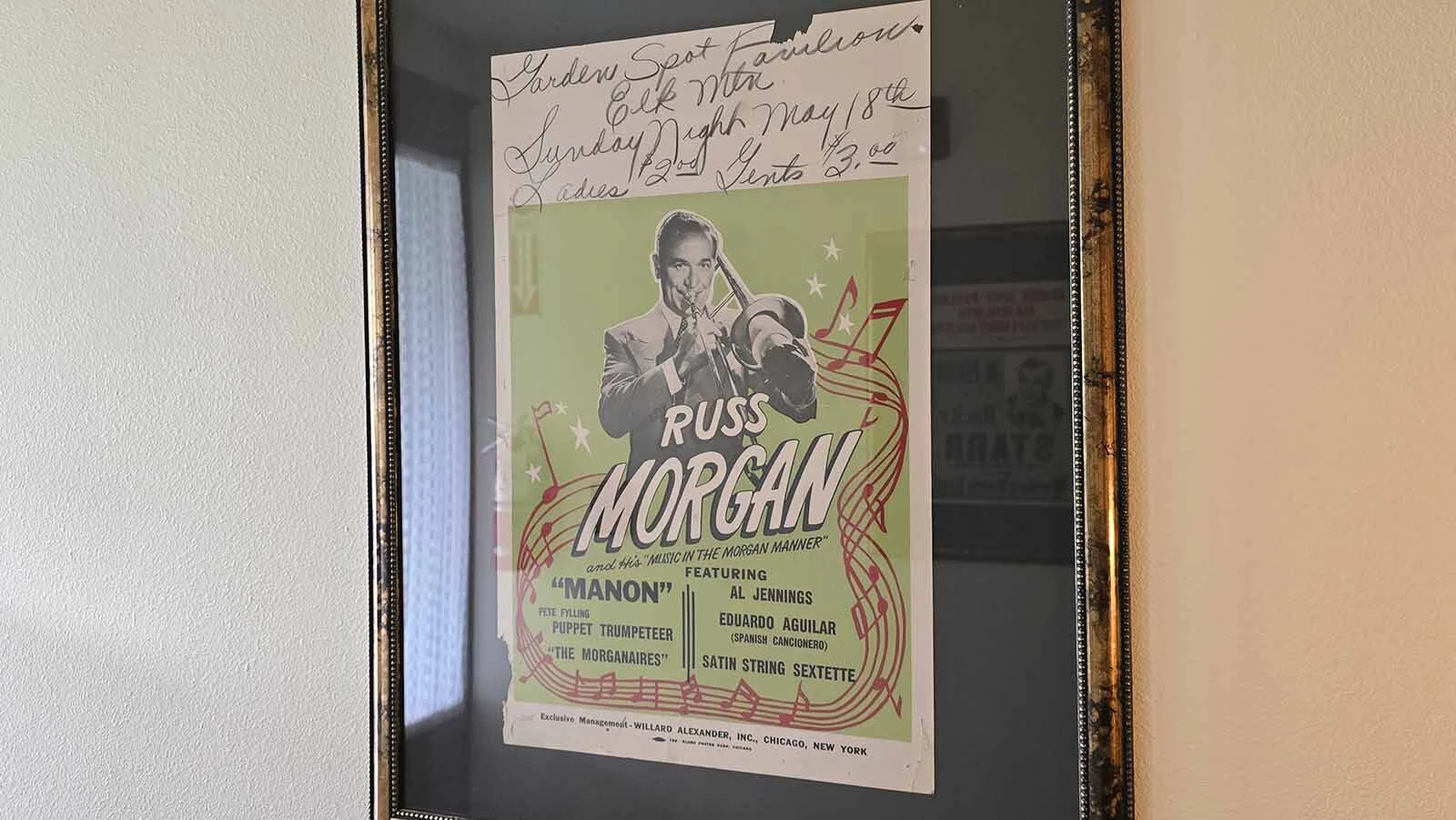 Elk Mountain was once a multi-state entertainment mecca, where world-famous musicians played to raucous crowds on a legendary bouncing floor at a place called Garden Spot Pavilion. This poster, hanging up in the Elk Mountain Hotel, is one of the musicians who played there during the big band era.