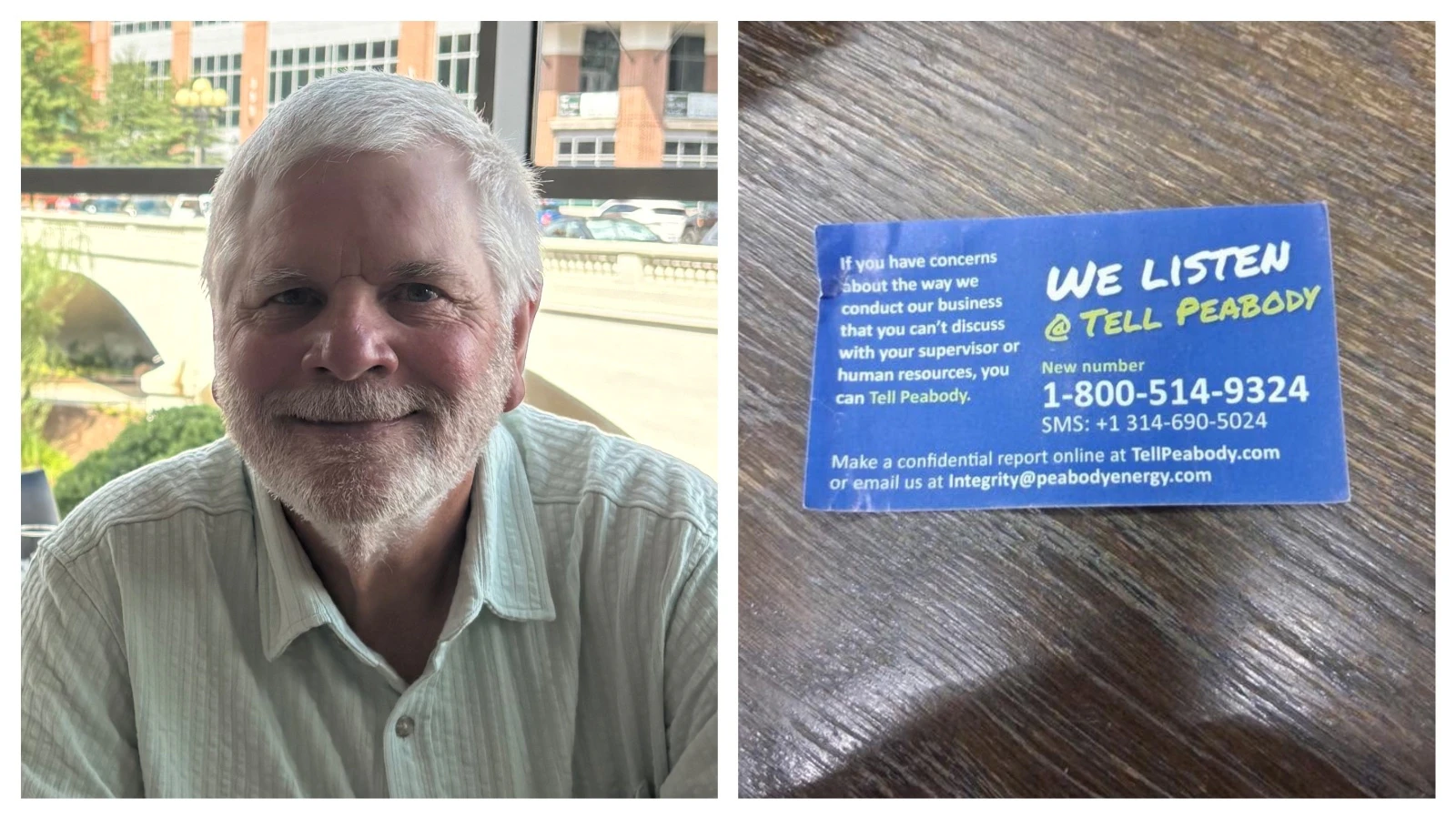 Keith Schaeffer, formerly of Casper and Douglas, worked for 17 years at the North Antelope Rochelle Mine in Campbell County. Right, Kyle Blinn, a member of the Peabody Retirees RMA support group on Facebook, shared this card with the group after learning Peabody Energy would terminate its Retiree Medical Allowance program at the end of the year.