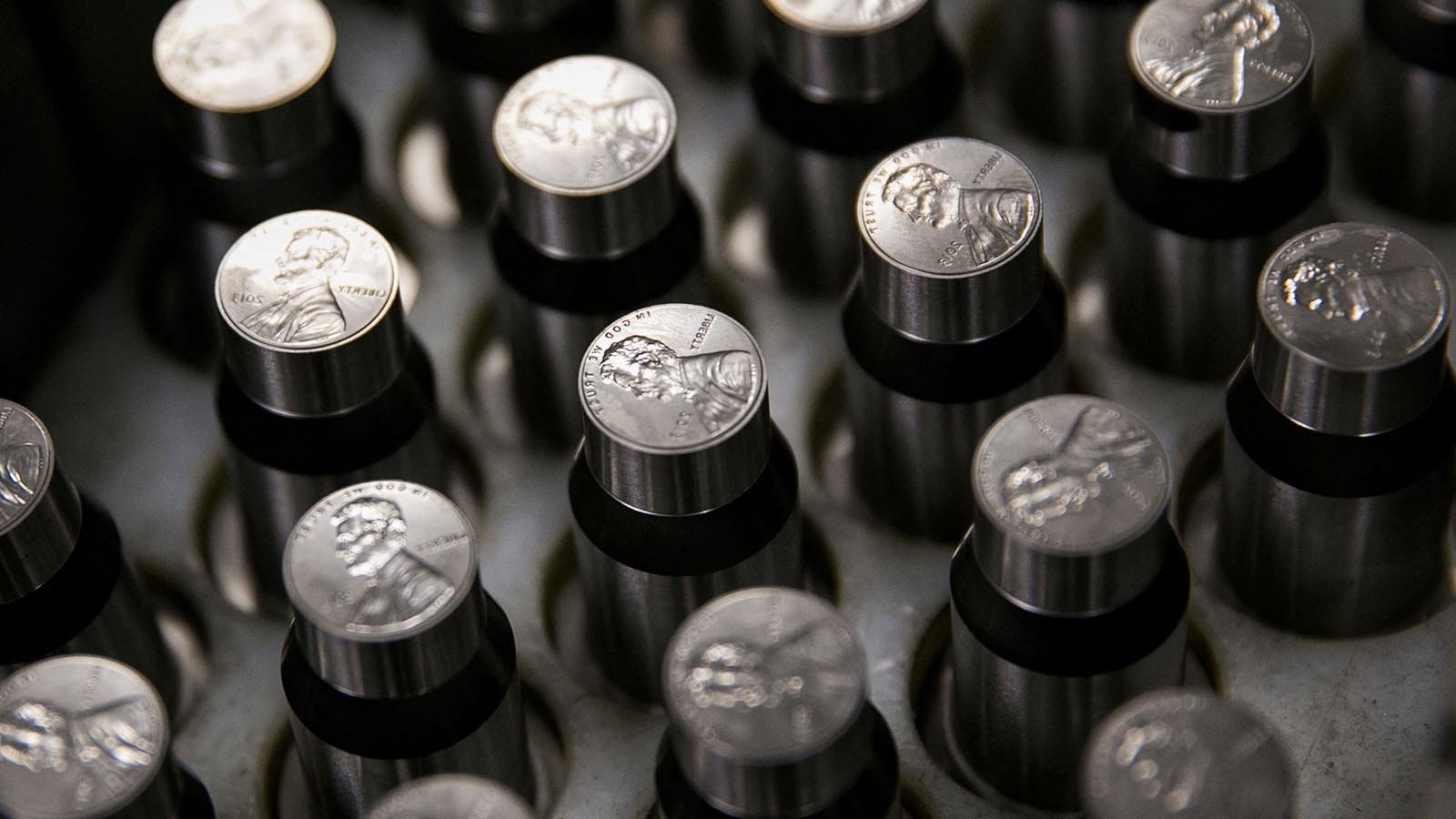 Penny coin dies at the U.S. Mint in Philadelphia before pennies were discontinued.