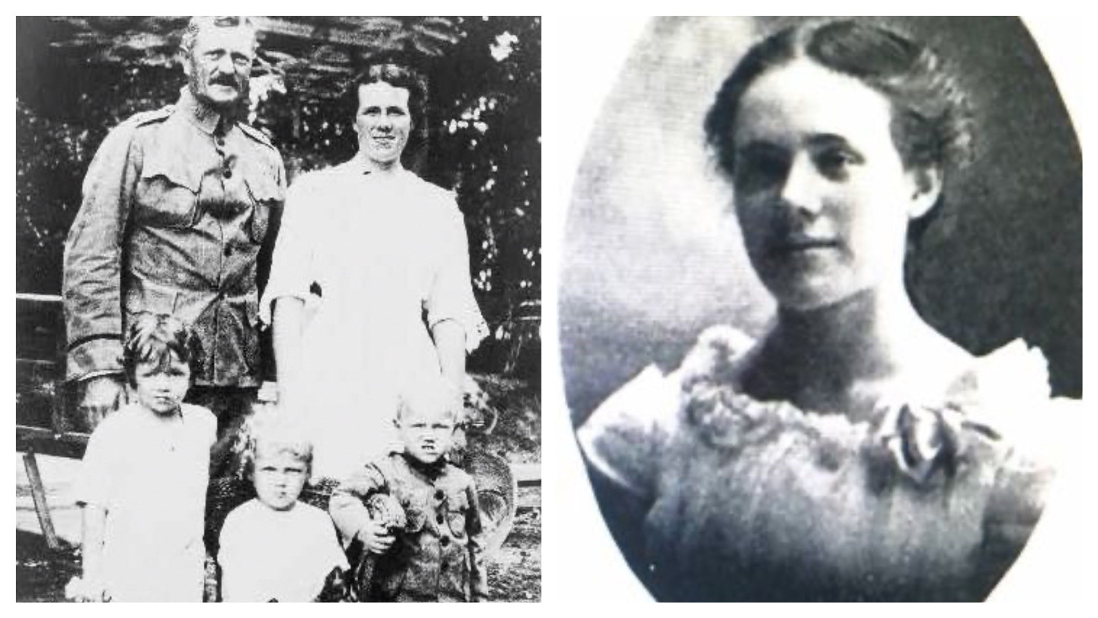 Left, John “Black Jack” Pershing with “Frankie” and their children. He was devastated at their loss. Right, Frances Helen “Frankie” Warren was a graduate of Wellesley College and became intrigued with Pershing reading about him in a newspaper article on a train with her father.