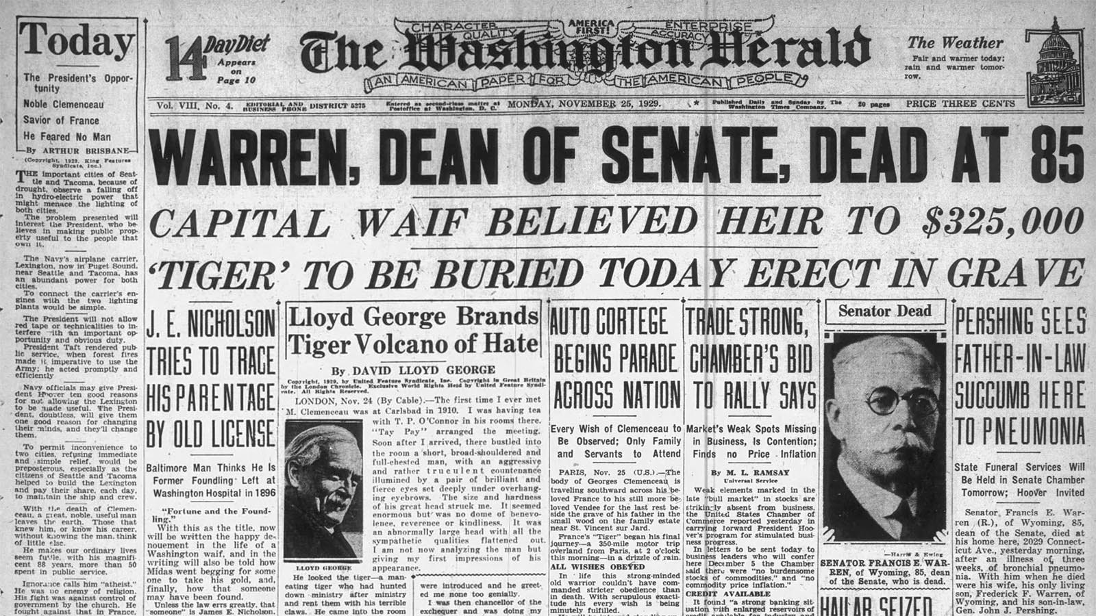 The Washington Herald announced the death of Sen. Frances E. Warren and emphasized Pershing was at his bedside.