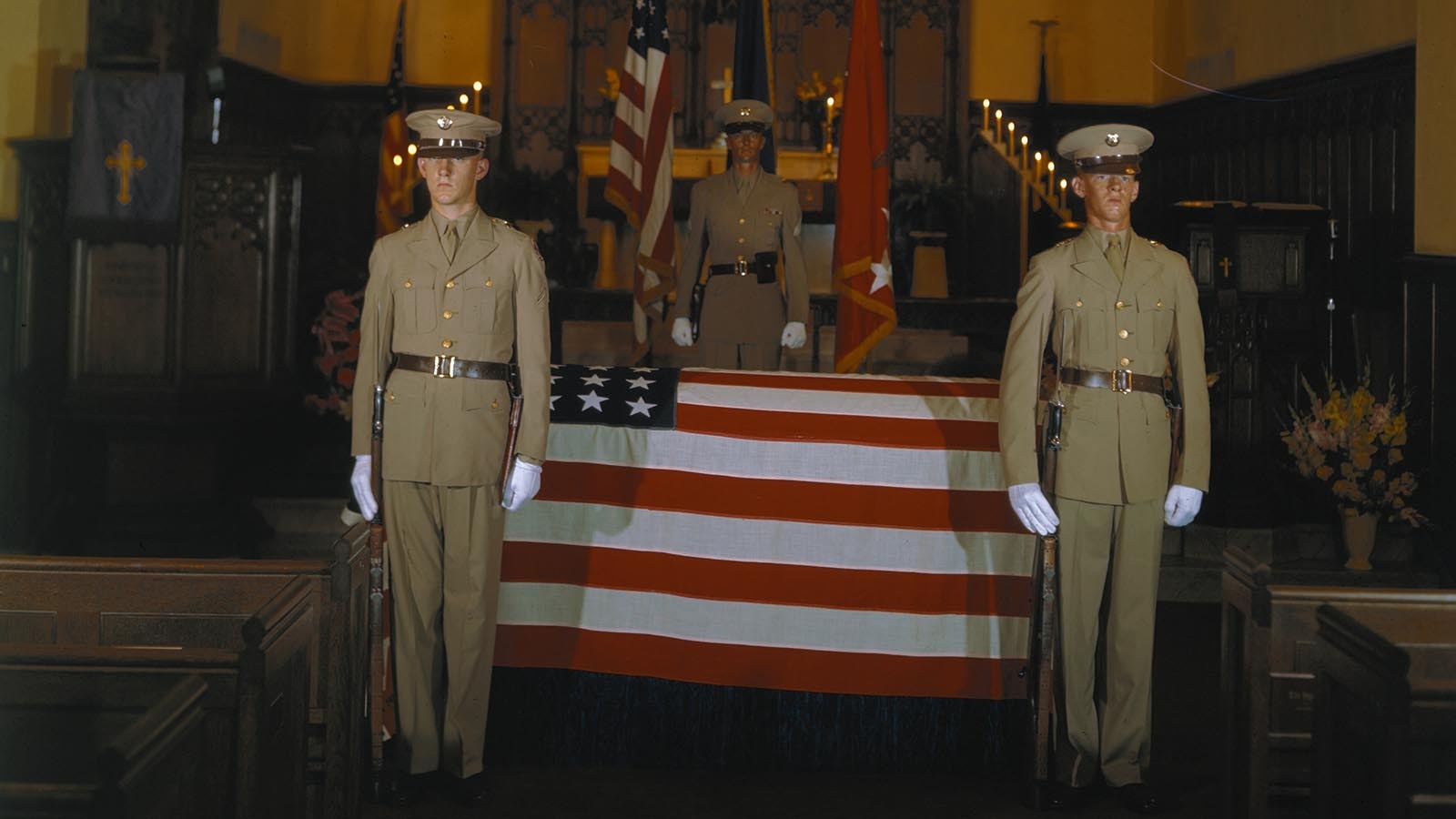 Lying in state in the chapel of the Army Medical Center, is the casket containing the mortal remains of U.S. Army General, John J. Pershing. Here, relatives, close friends and long-time patients of the medical center came to pay their last respects to "Black Jack."