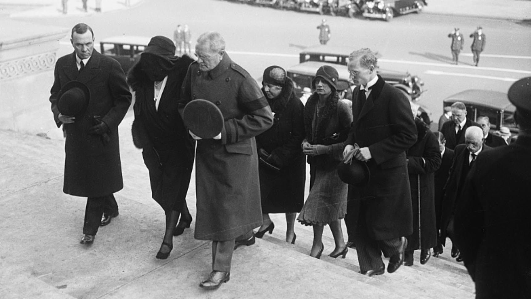 Gen. John J. Pershing, center, leads mourners into the funeral for his father-in-law Sen. Frances Warren in Washington, D.C., in 1929.