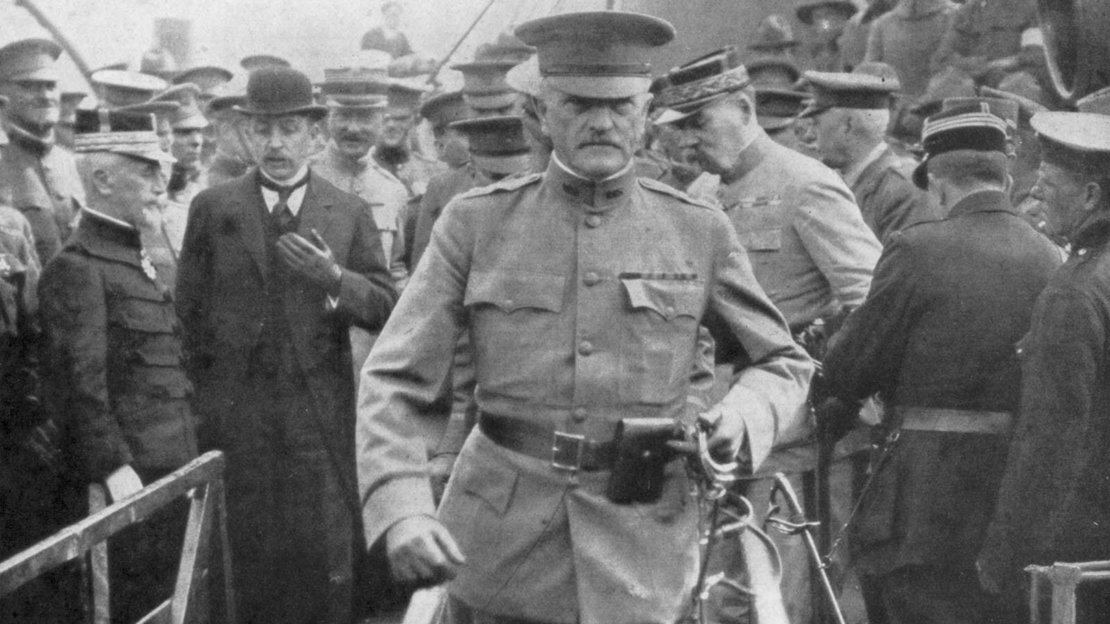 Gen. John Joseph Black Jack Pershing arriving in Boulogne, First World War, June 1917. Pershing (1860-1948) led the American Expeditionary Force in Europe (1914-1918).