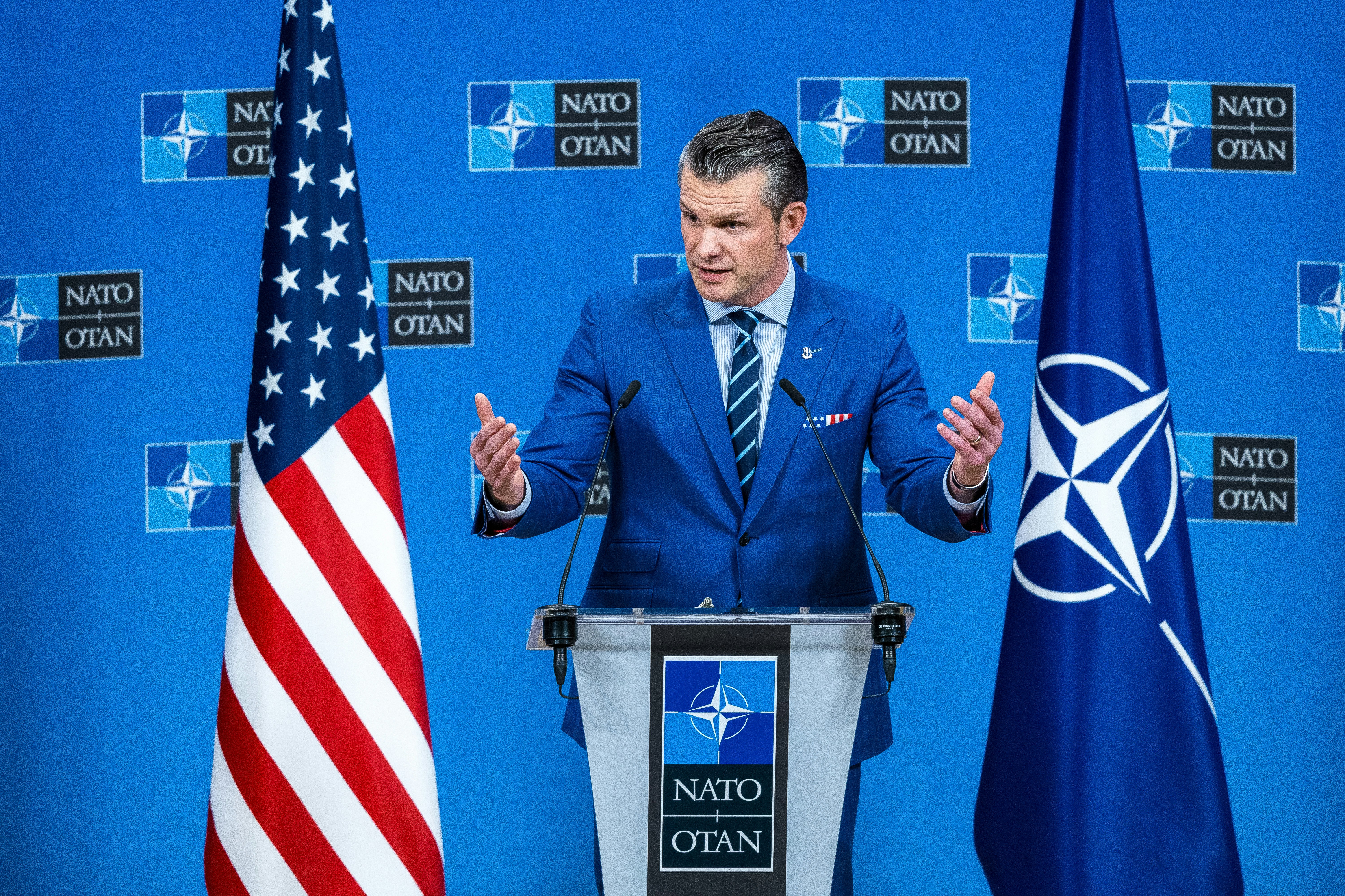 U.S. Secretary of Defence Pete Hegseth holds a press conference at the end of a meeting of defense ministers at NATO headquarters on Feb. 13, 2025, in Brussels, Belgium.