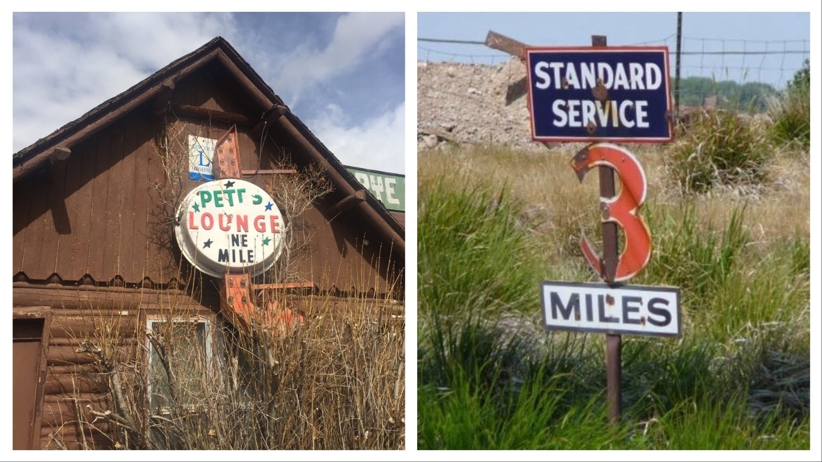 An Old Sign advertising Pete’s Roc N Rye that came off the Lincoln Highway. At right, a sign informing drivers of a gas stop ahead.