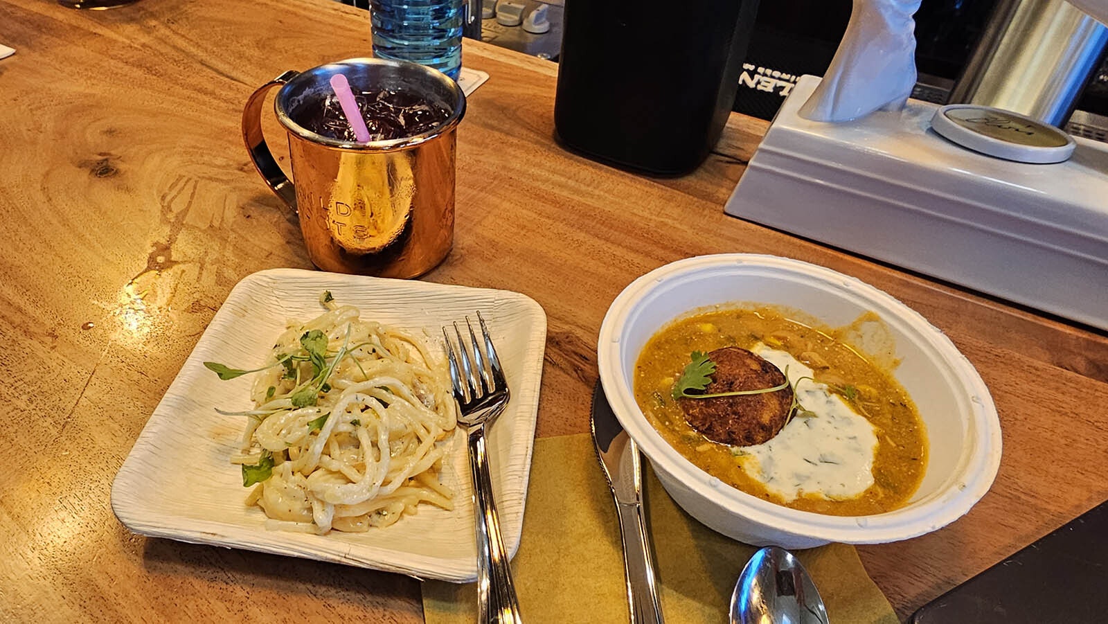 At left, a summer squash bucatini pasta by Chef Torrece "Chef T" Gregoire,  and at right, Chugwater chili by Chef Petrina Peart. Both dishes contained a little bit of corn.