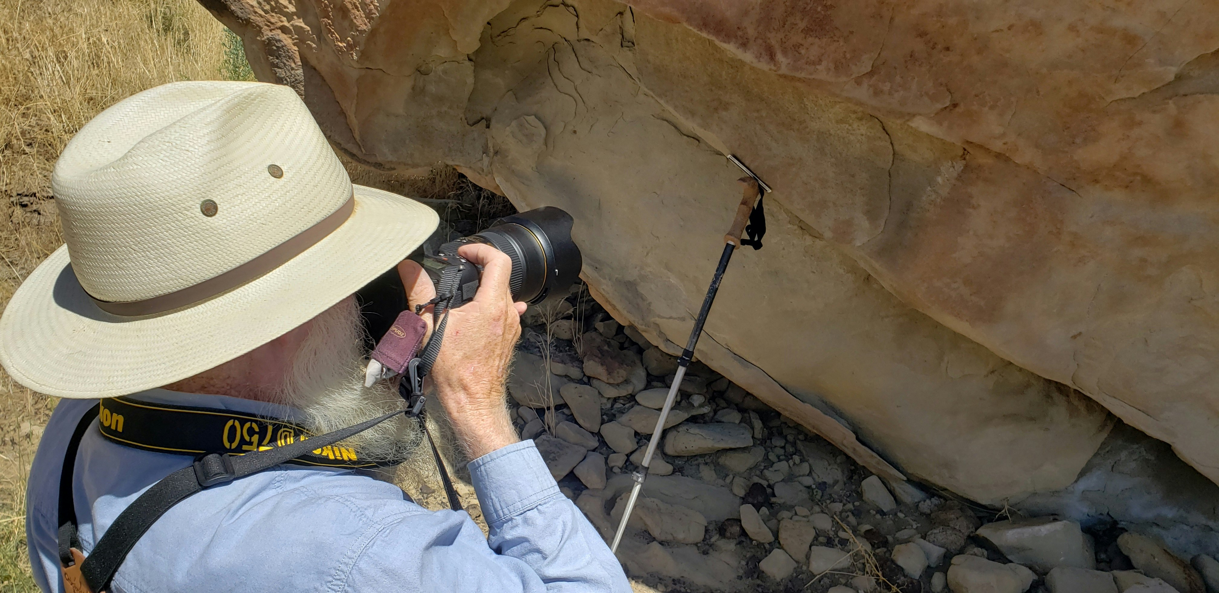 Mike Bies takes photos of a new petroglyph found on the Wind River Indian Reservation The slip of paper held up by the walking stick has measurements on it which will help later with dimensions of the petroglyphs.