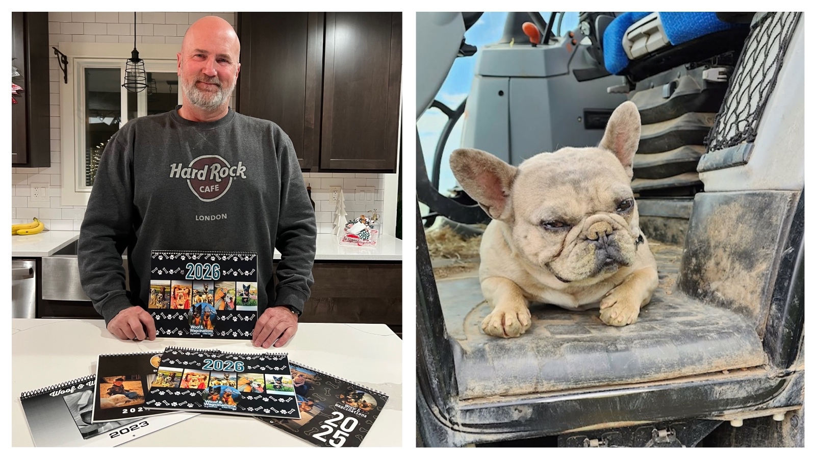 Cary Lambert poses with a set of his Happy Valley dog calendars, which have helped seniors on fixed incomes in 15 states afford vaccinations for their pets. At right is Doc Holliday, covered in dirt on a tractor.