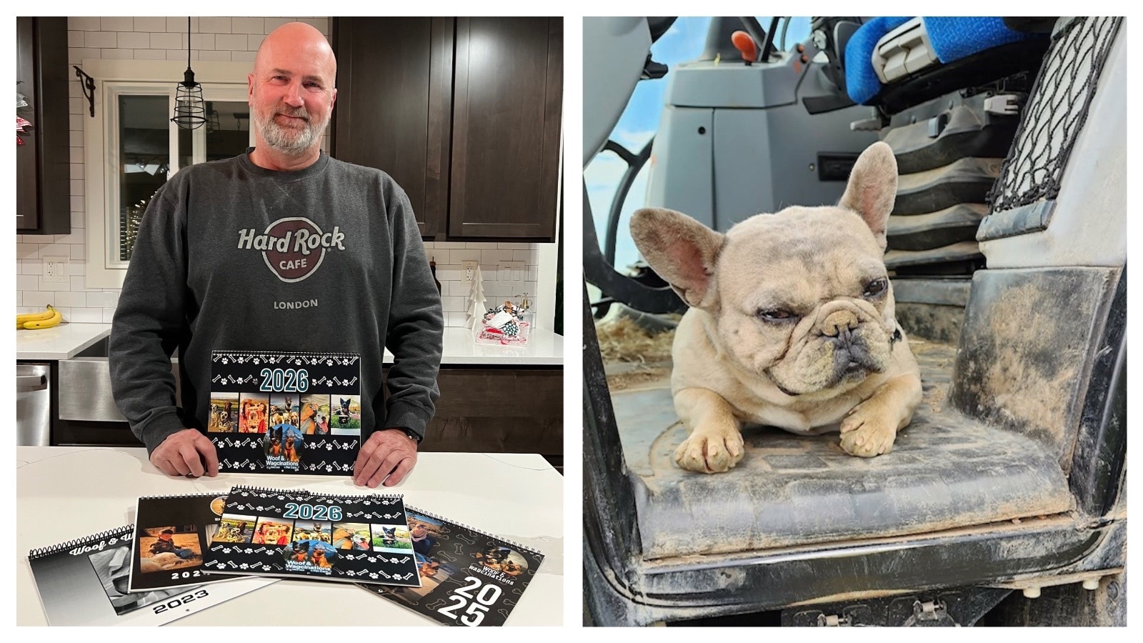 Cary Lambert poses with a set of his Happy Valley dog calendars, which have helped seniors on fixed incomes in 15 states afford vaccinations for their pets. At right is Doc Holliday, covered in dirt on a tractor.