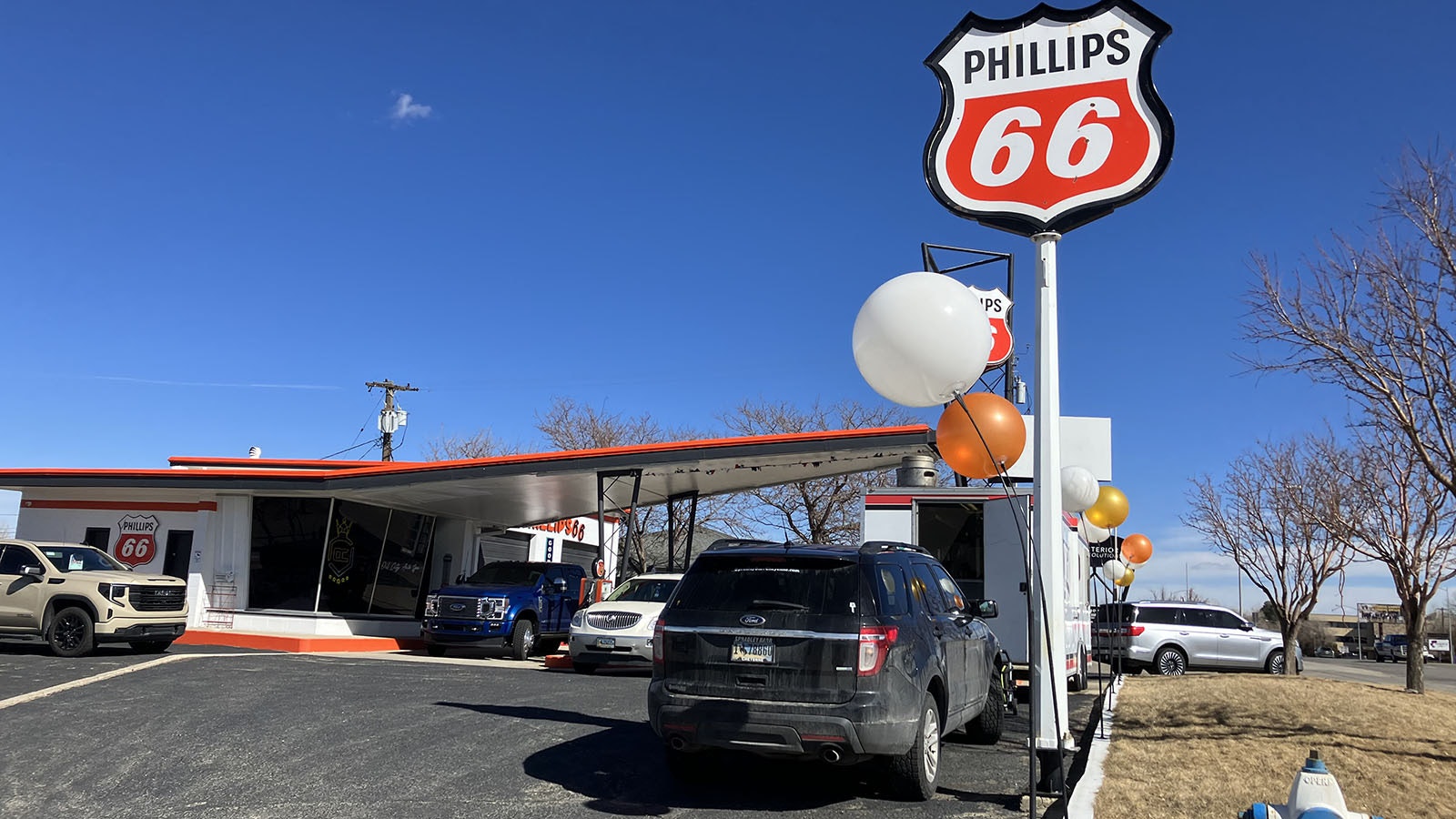 What looks like a Phillips 66 station in Casper is actually a salute to the 1960s. The building houses an auto detailing business, and the lot hosts vehicles for sale and the food truck Gringos.