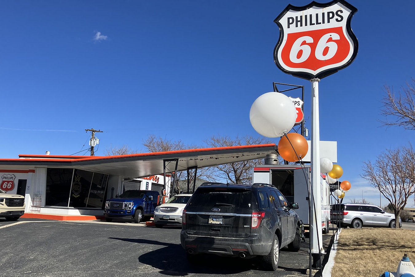 What looks like a Phillips 66 station in Casper is actually a salute to the 1960s. The building houses an auto detailing business, and the lot hosts vehicles for sale and the food truck Gringos.