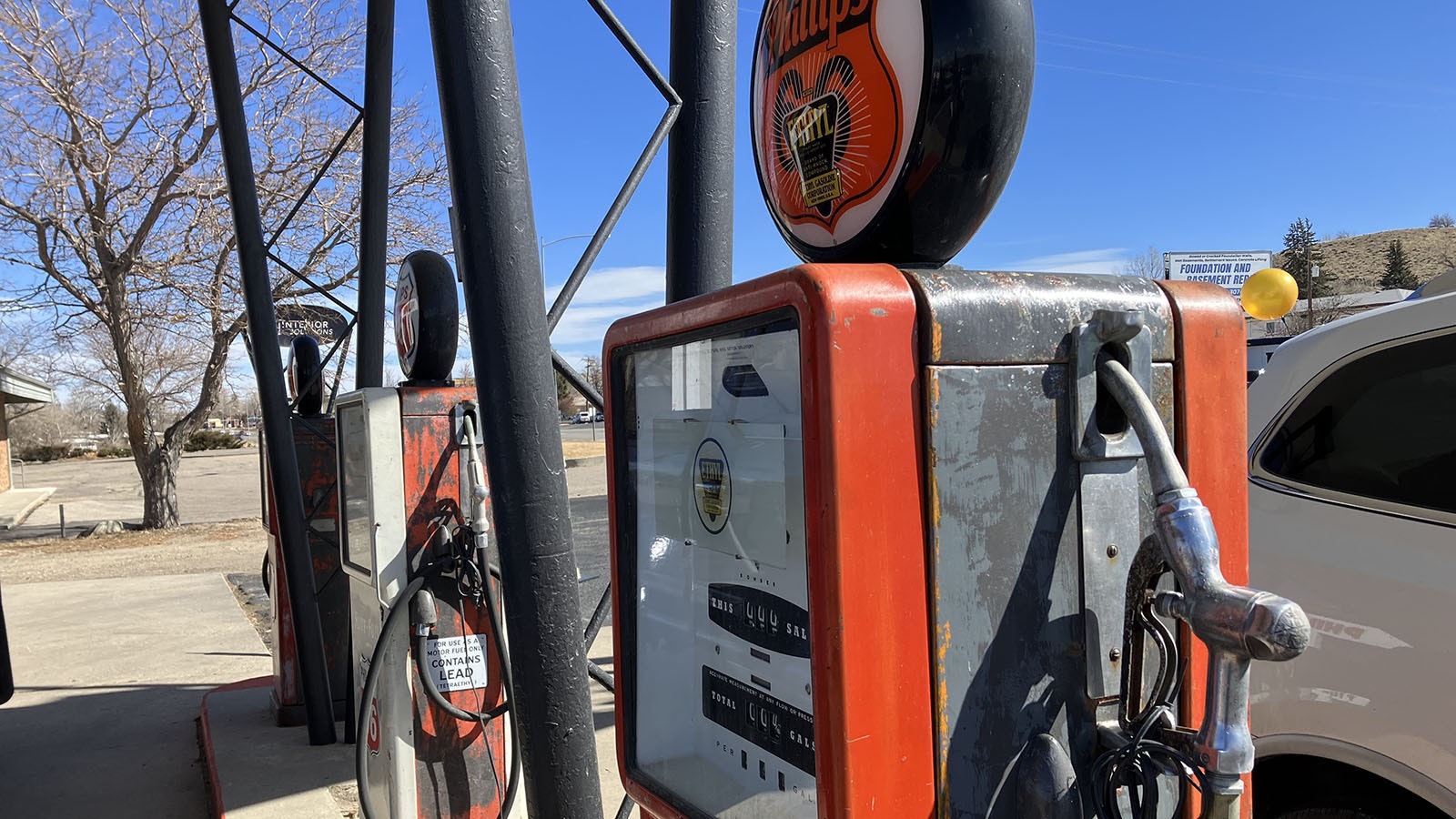 Gas pumps with colors that represented Phillips 66 from 1930-1959 are at the restored gas station.