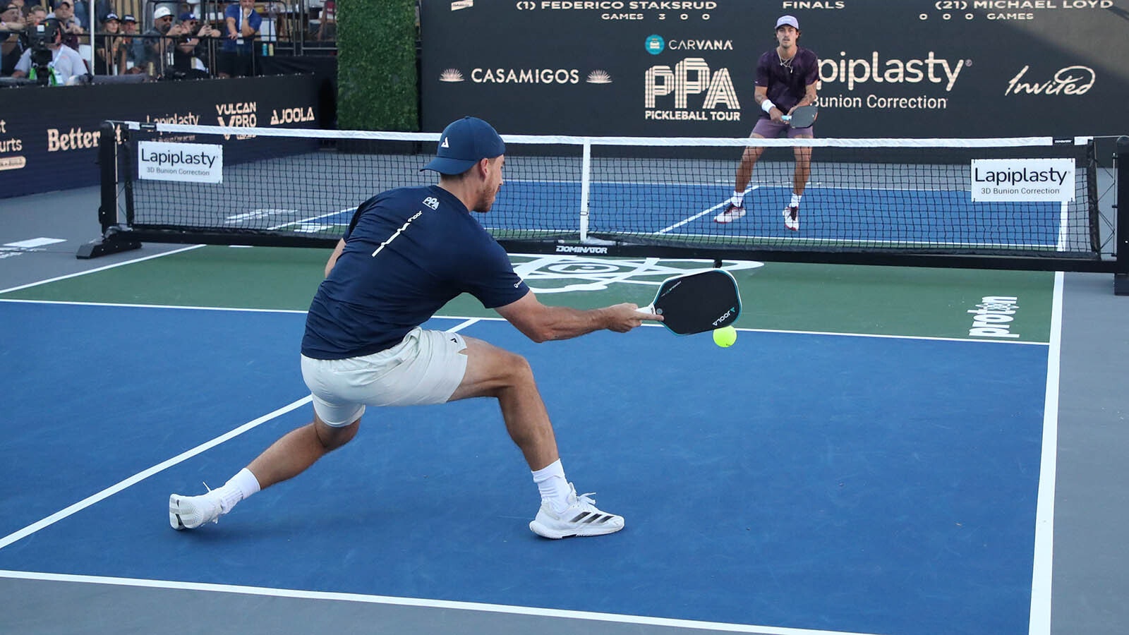 A pair of pro pickleball players square off in the 2024 world championshis in Texas in November 2024.