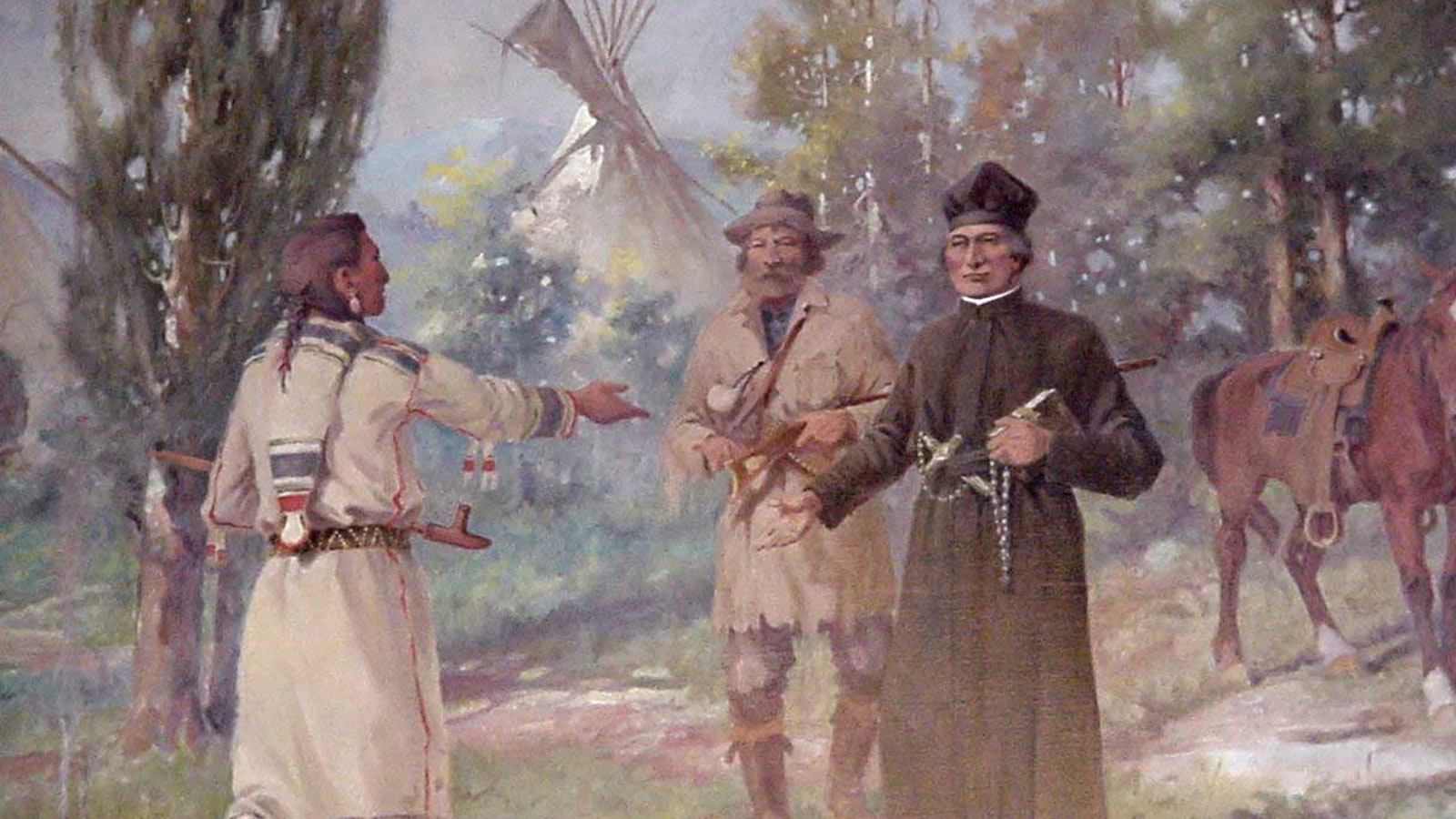 This painting depicts Fr. Pierr-Jean De Smet, who traveled extensively throughout the early West spreading the gospel and establishing Catholic missions.
