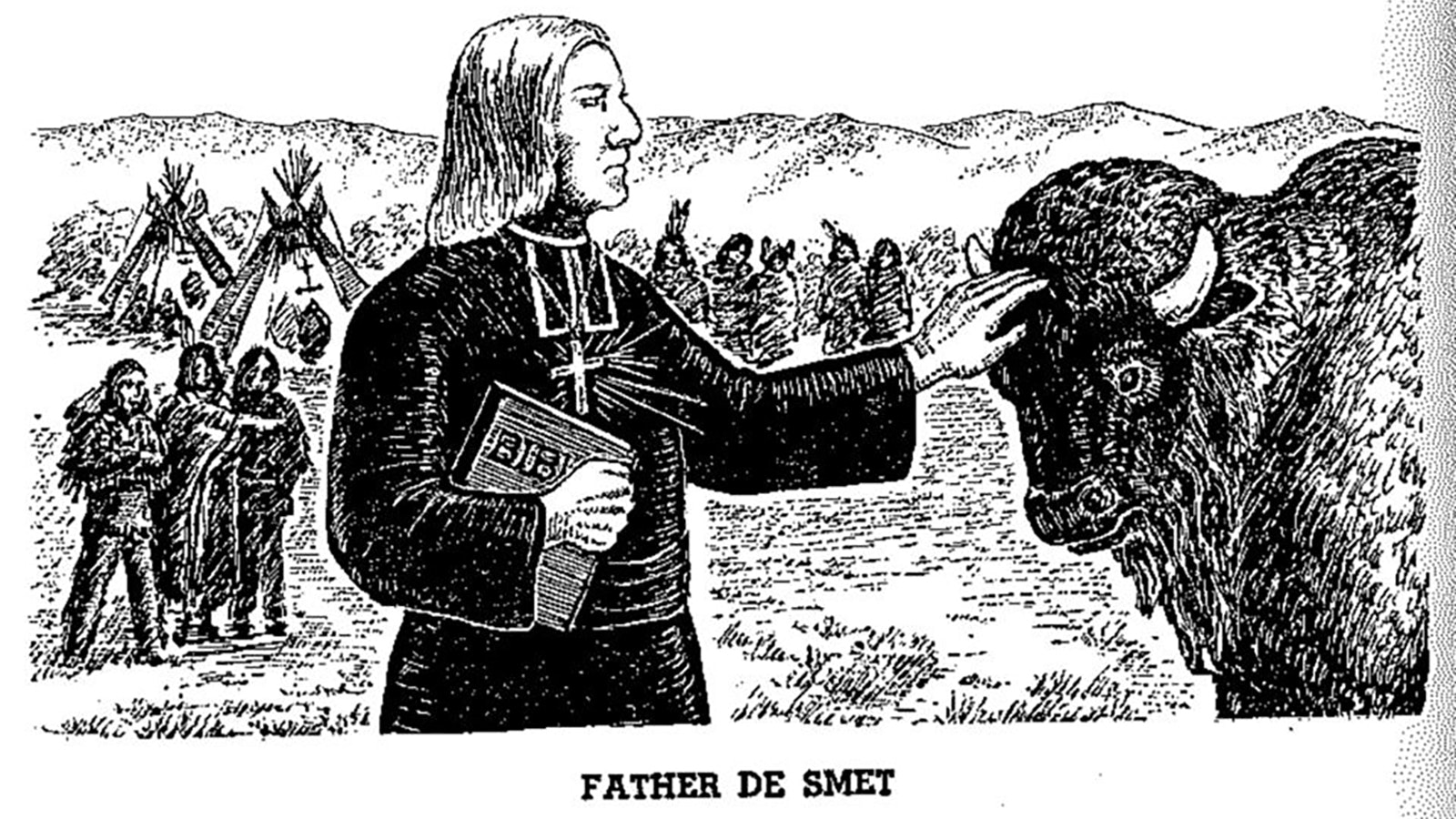 An illustration of Fr. Pierre-Jean De Smet visiting American Indians on his travels throughout the West.