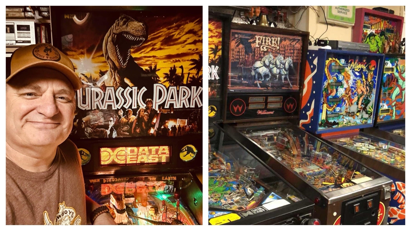 Right, Patrick Stafford with Jurassic Park, the first pinball machine he purchased and fixed more than 20 years ago. He's now fixed hundreds of pinball machines.