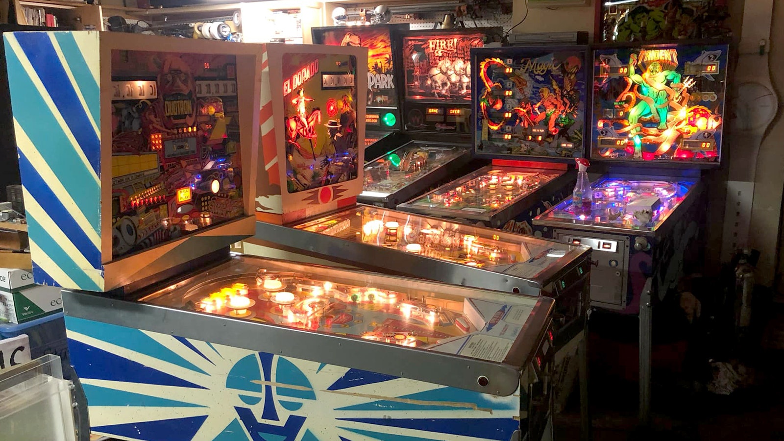 Patrick Stafford has fixed hundreds of pinball machines through the years. He works on the machines in his garage.