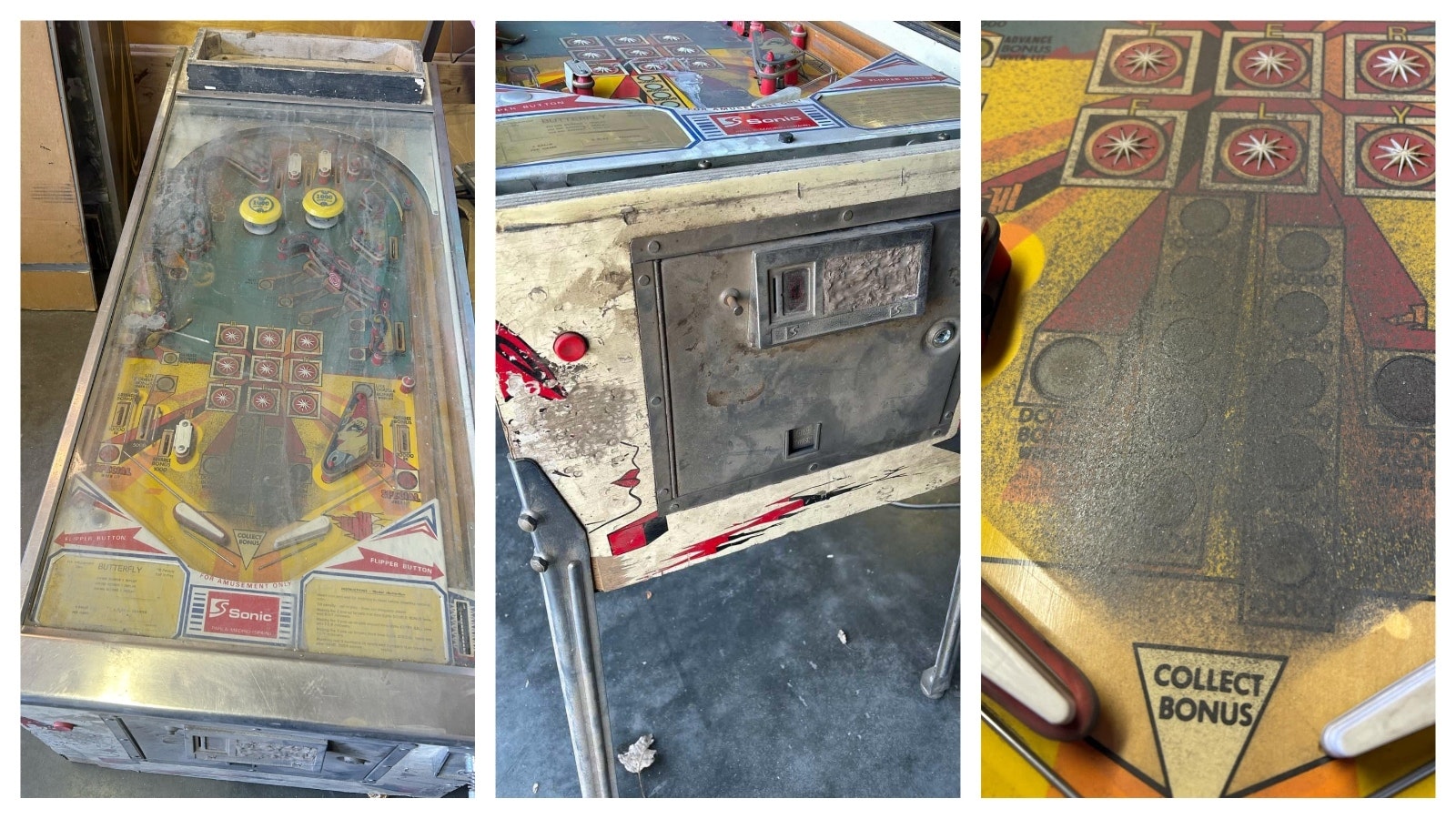 A pinball machine that Stafford bought to restore and rebuild, covered in grime.