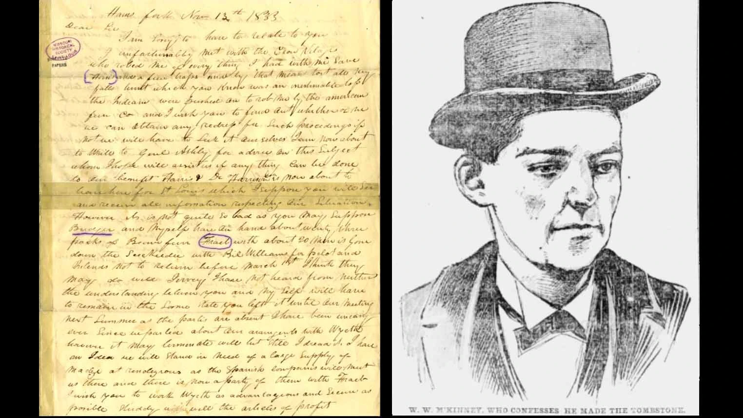 Left, A letter written to William Sublette from Thomas Fitzgerald in 1833 from Ham’s Fork warning him about Crow Indian intentions. Right, W.W. McKinney who initially found what was believed to be Pinckney Sublette’s grave. He later said he fabricated the headstone found on top.